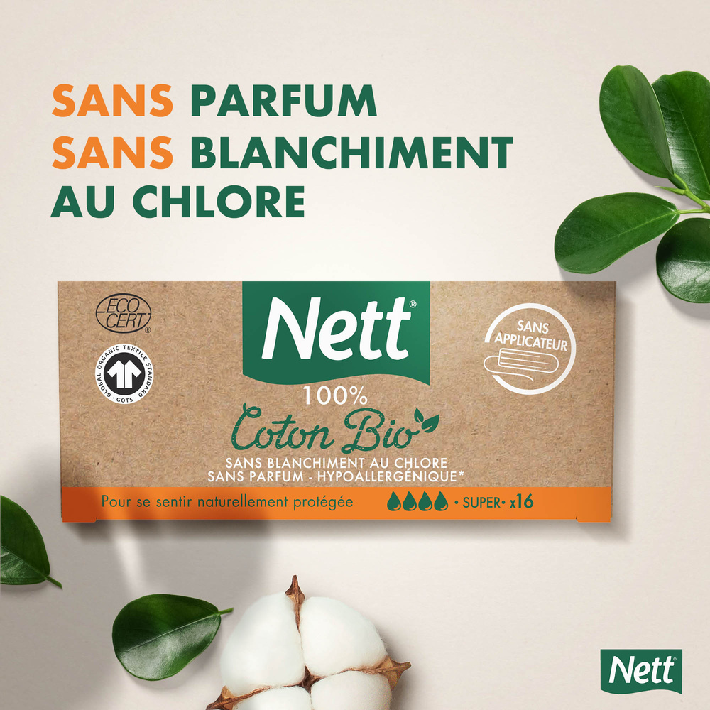 nett Boite de 16 Tampons en Coton Bio avec Applicateur Super 16 Unités Tampon