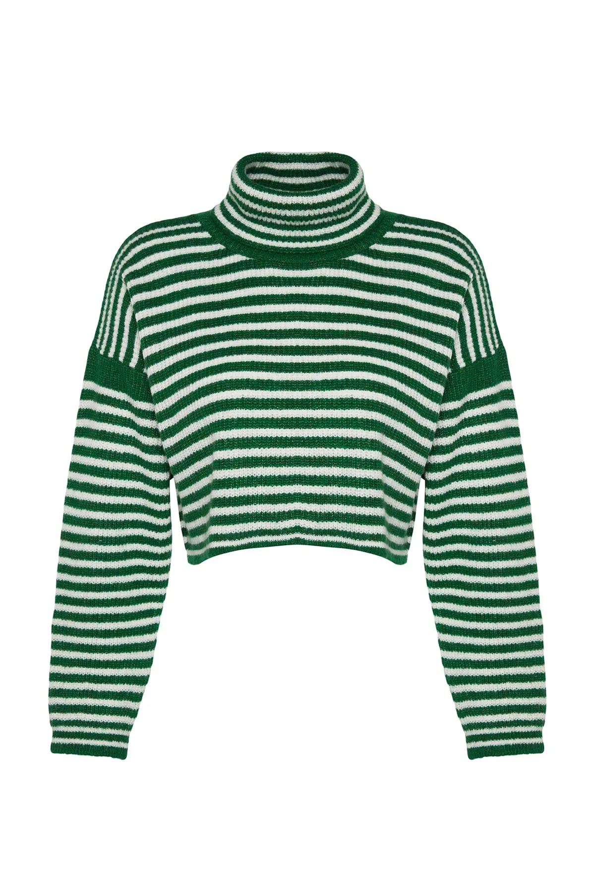 Trendyol Collection  Grüner kurzer weicher strukturierter Strickpullover mit Streifen TWOAW24KZ00583