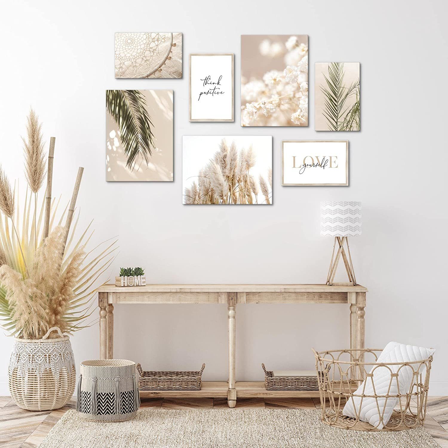 Novart Wandbild Wandbilder Wohnzimmer Boho Vintage Natur Wohnzimmer AUFHÄNGFERTIG, Pampasgras, 100 x 70 cm