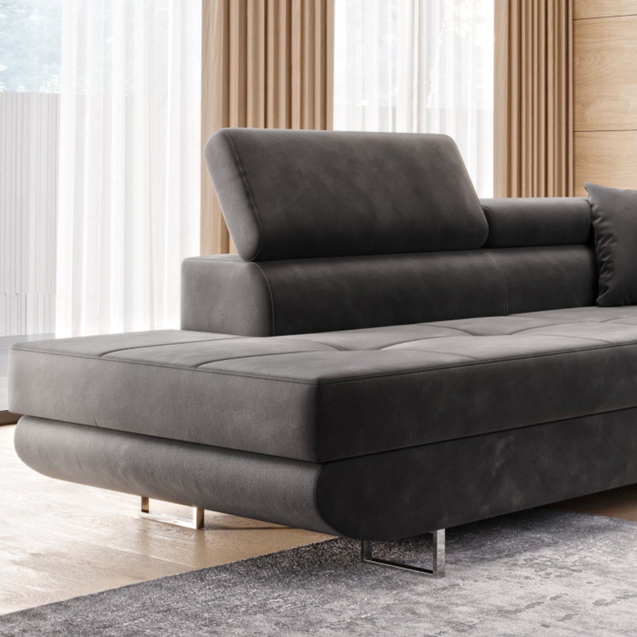 Möbel Punkt Ecksofa Monaco Samt Grau mit Bett Bettkasten Kopfteilverstellung Bett Sofa Schlafsofa Ottomane links