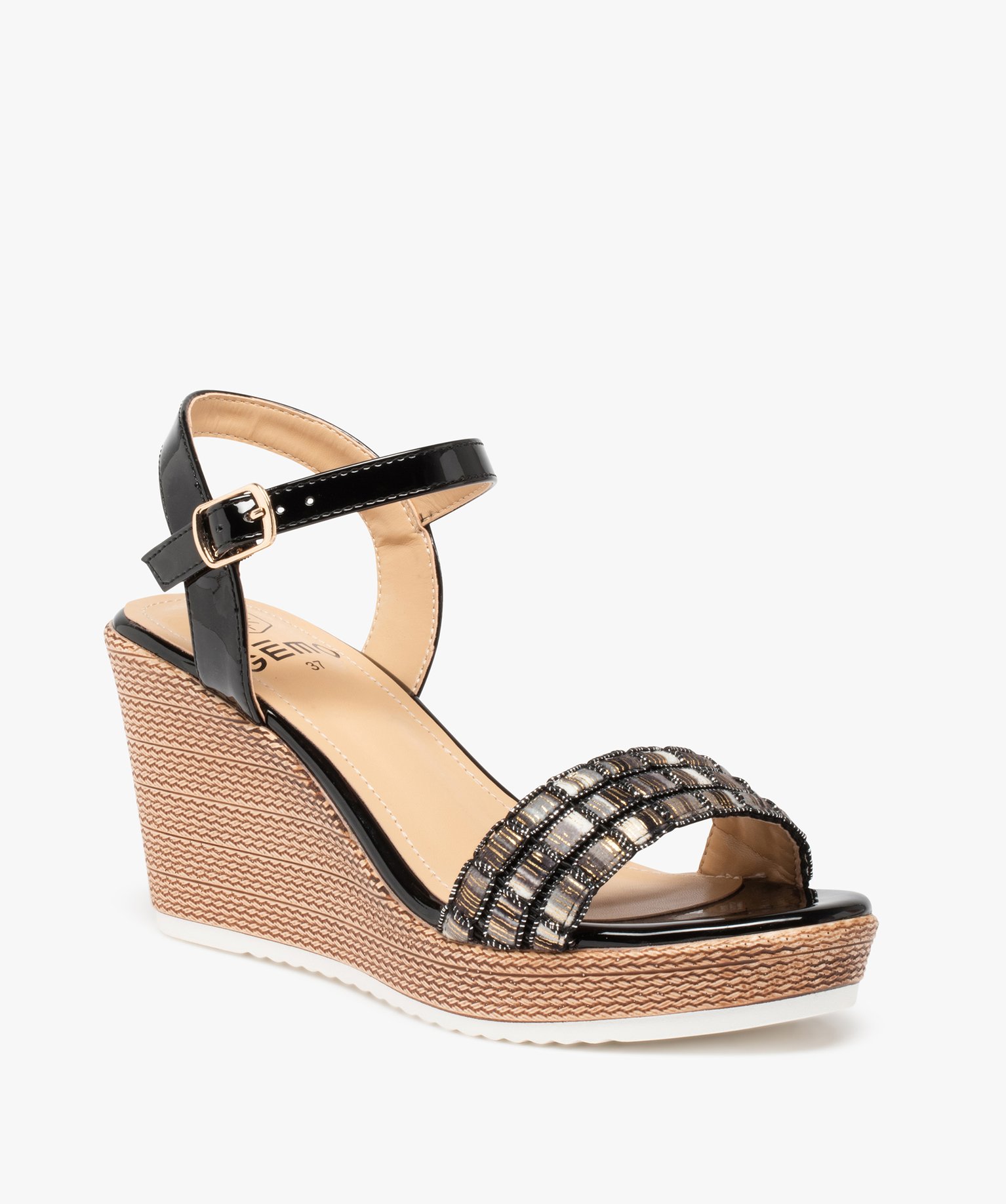 Sandales femme compensées à brides vernies et brodées noir | GEMO