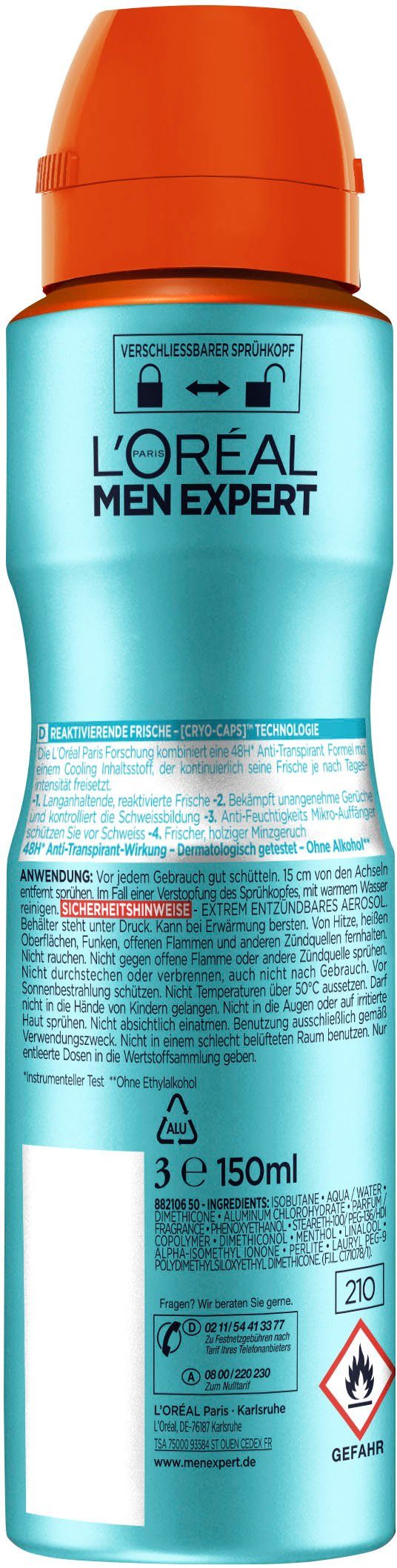 L'ORÉAL PARIS MEN EXPERT Deo-Spray Deo Spray Cool Power 48h, Packung, 6-tlg.