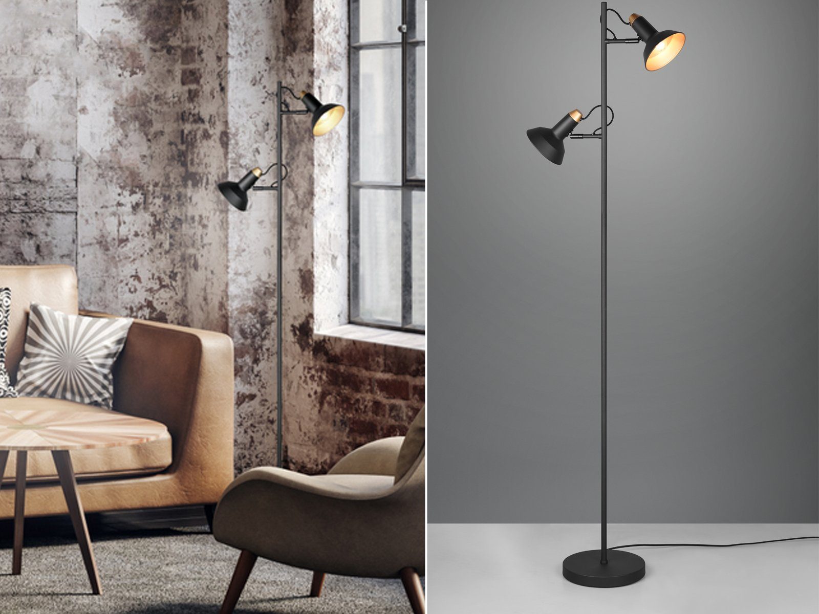 meineWunschleuchte LED Stehlampe, Dimmfunktion, LED wechselbar, Warmweiß, Industrial Design-er Lese-lampe für Ecke 2 Spots dimmbar Schwarz Gold