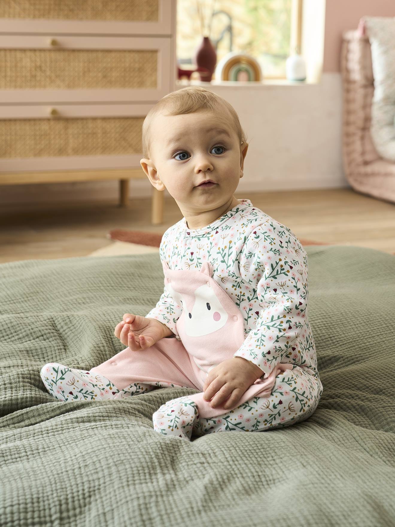 Vertbaudet Mädchen Baby Strampler mit Tiermotiv, Öffnung vorn Oeko Tex - hellbeige geblümt fuchs