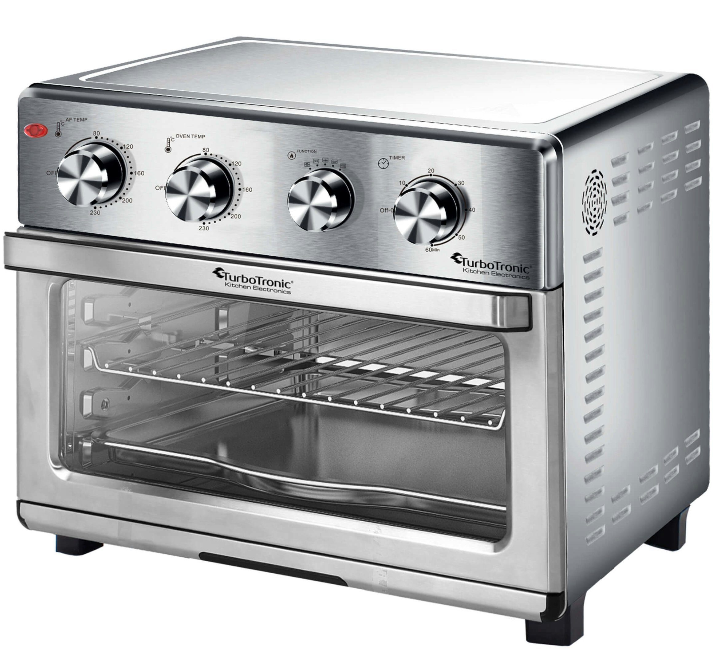 TurboTronic by Z-Line Minibackofen XXL 32 Liter mit Drehspieß für Hähnchen 4in1 Mini Backofen, Power Heißluftfritteuse Airfryer ab 80°C AF32MRD silber