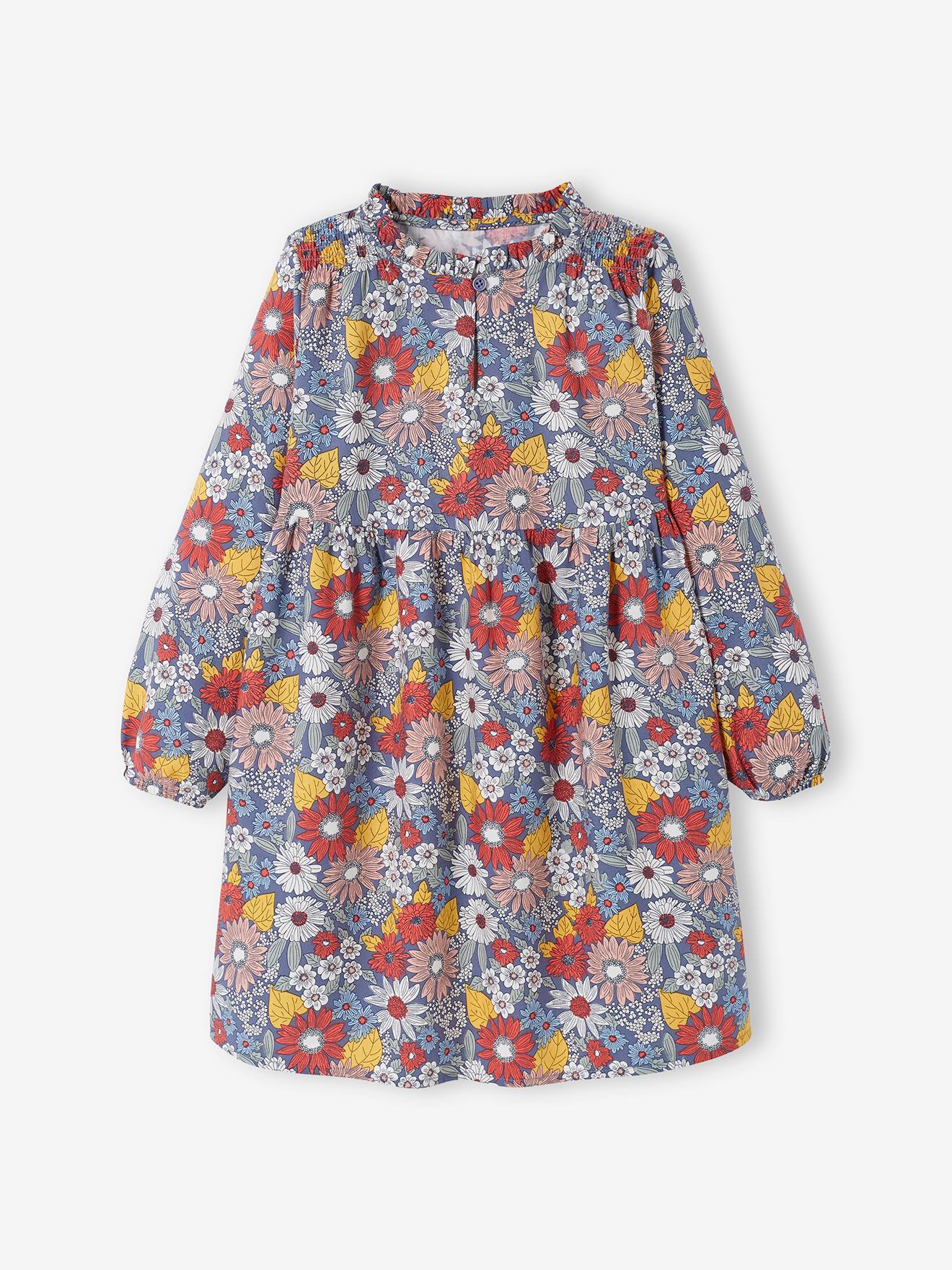 Robe à fleurs smokée épaules fille bleu jean imprimé