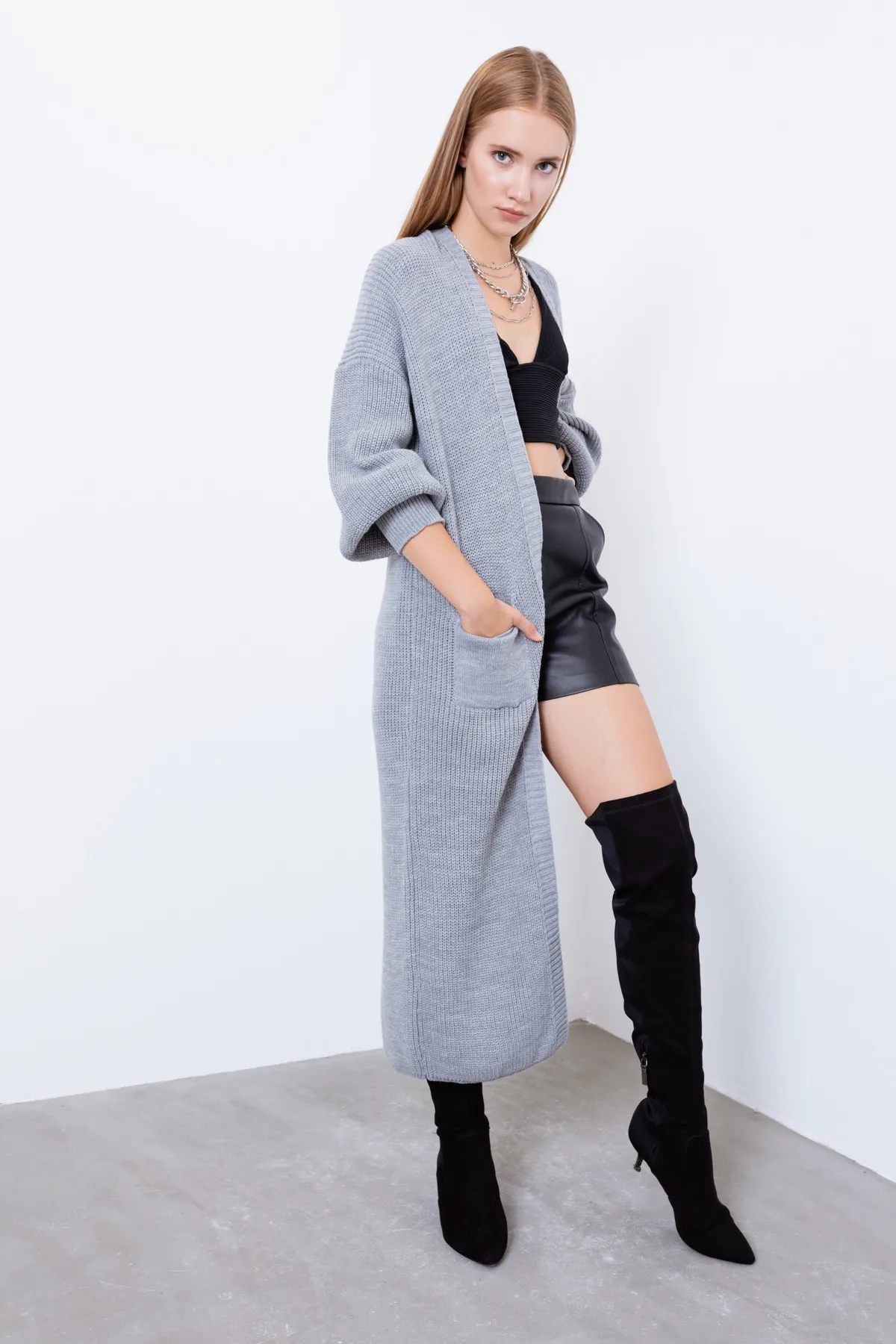 Lafaba  Grauer langer Damen-Cardigan mit Ballonärmeln