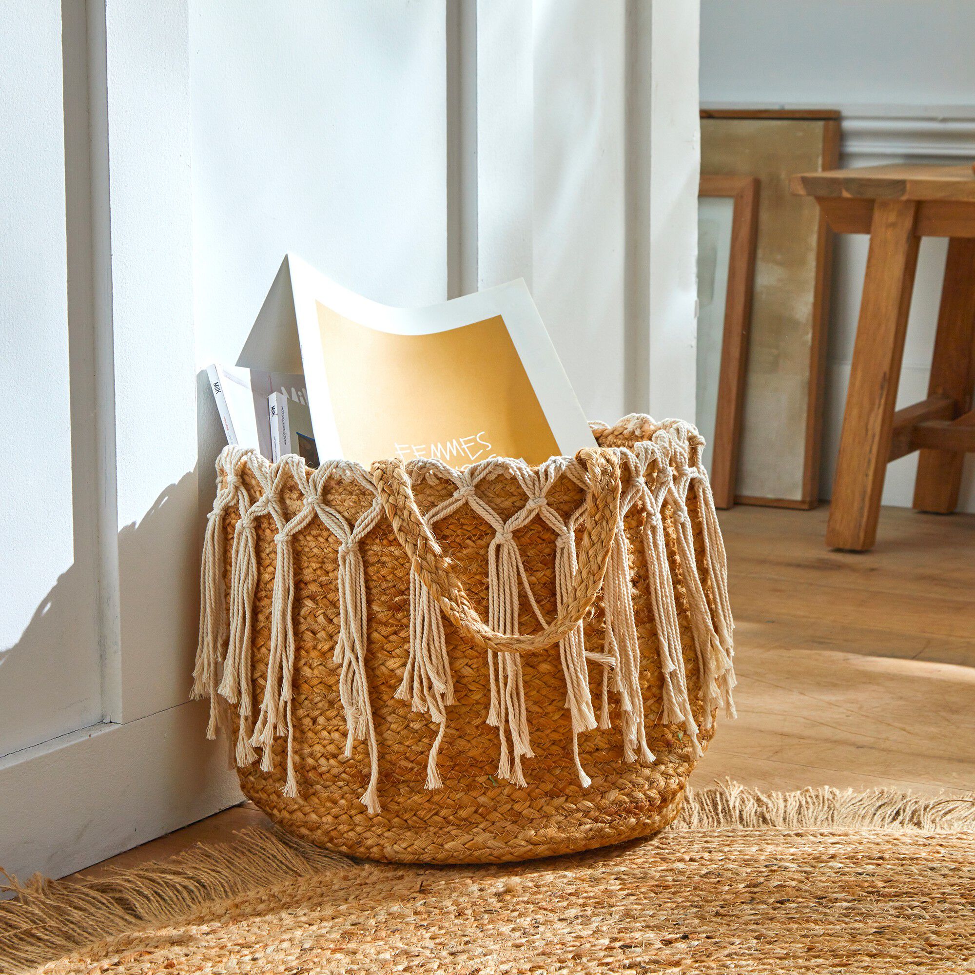 Panier rond jute franges en macramé