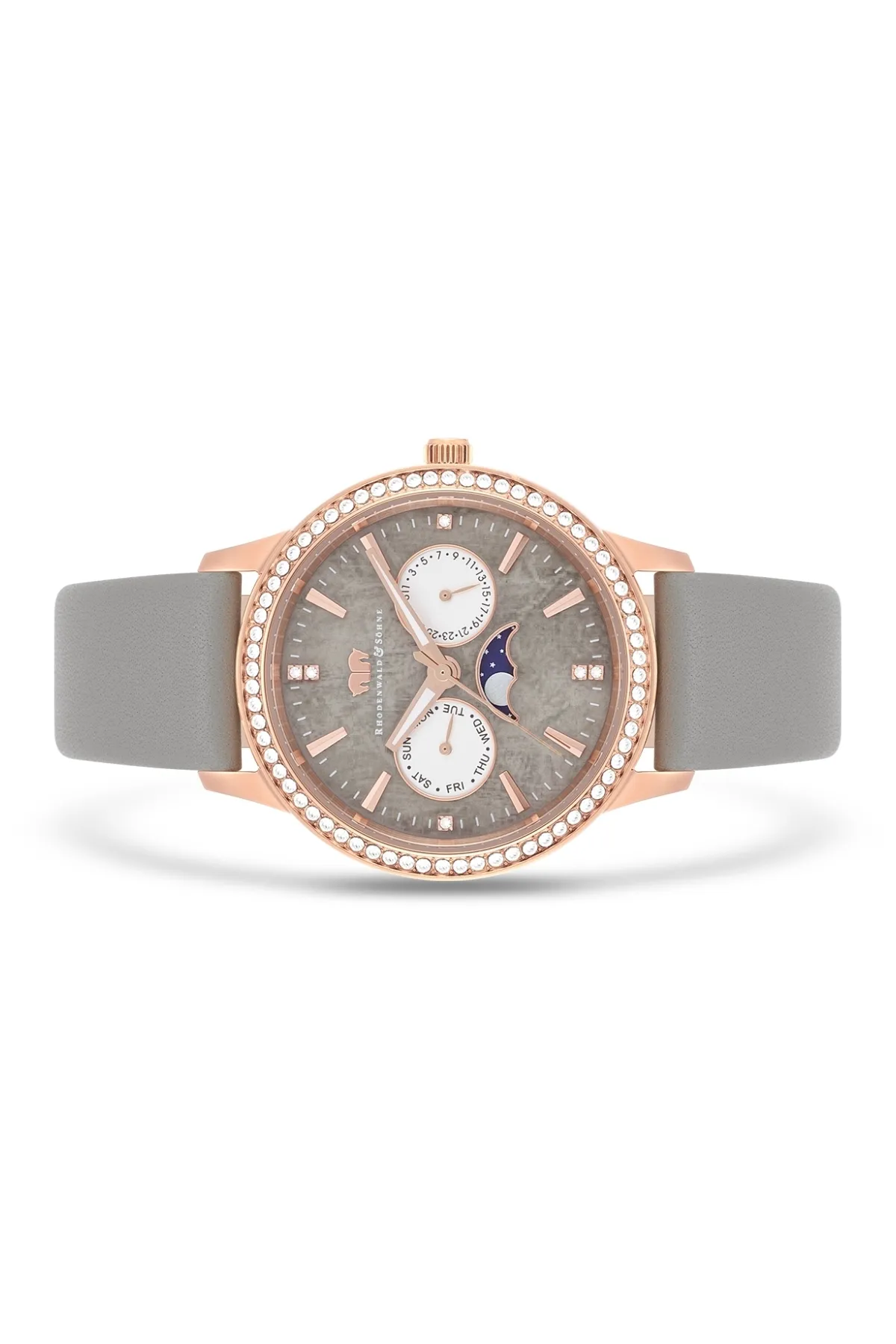Rhodenwald & Söhne  Multifunktions Damen Multifunktionsuhr roségold Echtleder grau