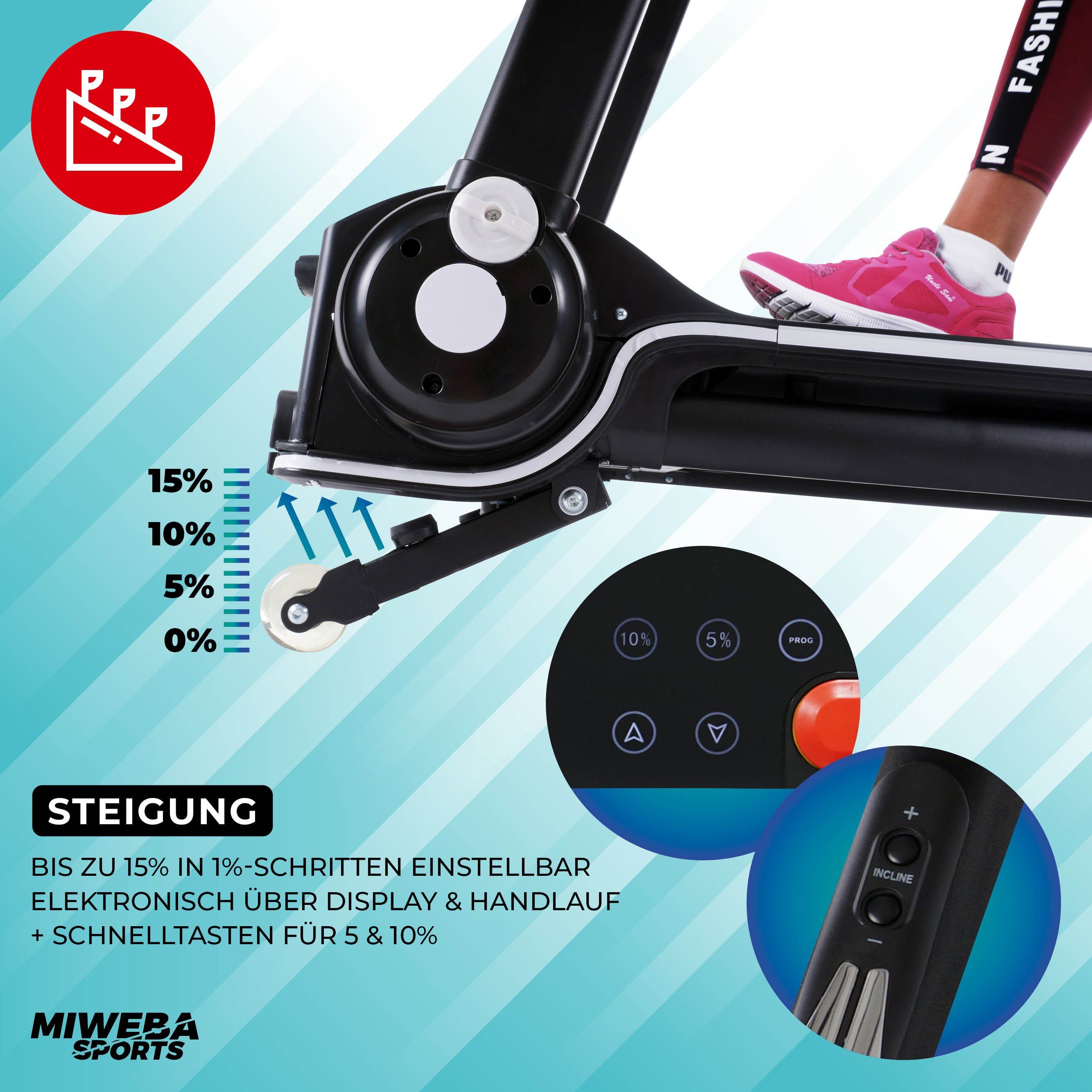 Miweba Sports Laufband Profi Sportgerät HT3000 - 16 km/h - 15 % Steigung - klappbar (Treadmill, Trainingsgerät, Fitnessgerät, Heimtrainer, Speedrunner, Fitness, Workout, 1-tlg., 120 kg Traglast, 12 Laufprogramme, 2 Quick-Speed Programme, Fitshow-App,