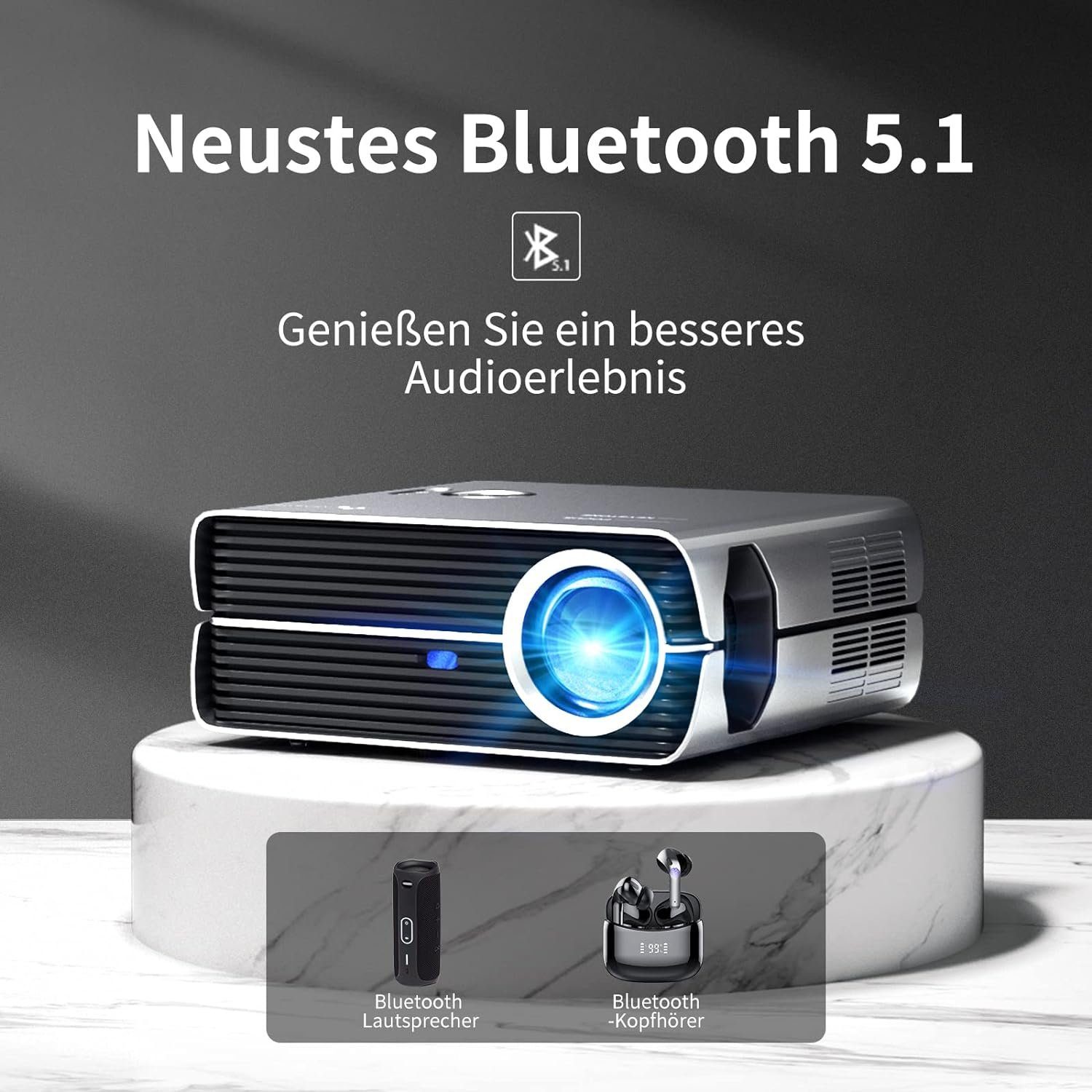 Asakuki Native1080P 5G WLAN Bluetooth, Deckenmontage Portabler Projektor (12000 lm, 12000:1, 1920 x 1080 px, Maximale 200
