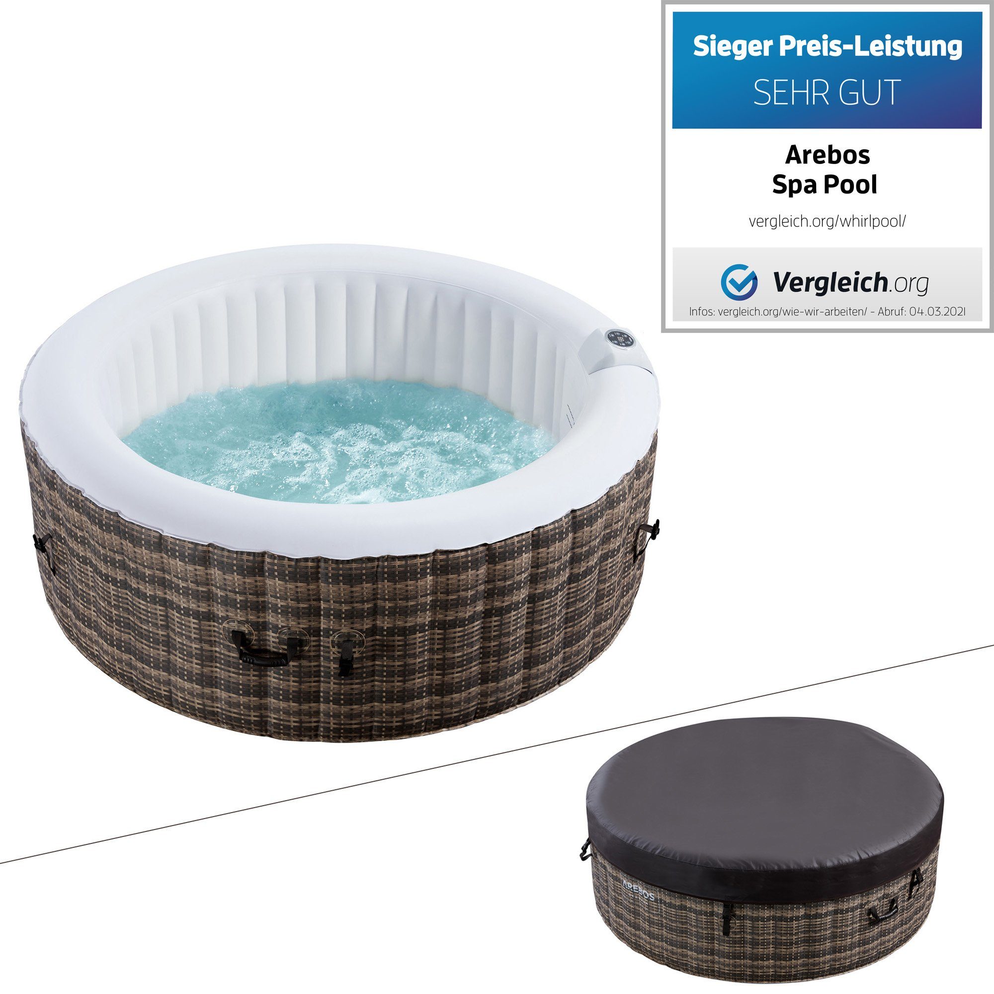 Arebos Whirlpool Aufblasbar, Innen- und Außenbereich, 4 Personen, ⌀ 180cm, (Set, Aufblasbar komplett mit Zubehör)