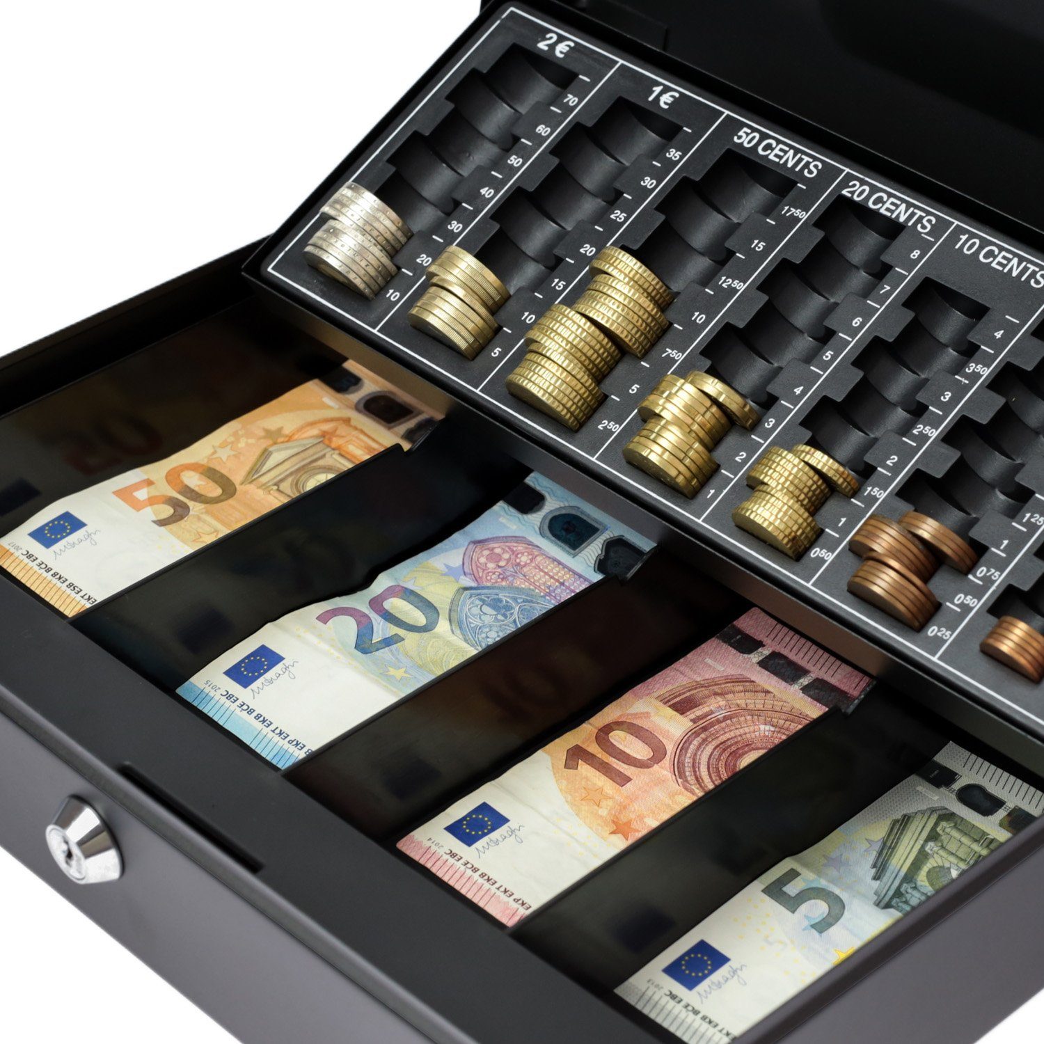 HMF Geldkassette Abschließbare Bargeldkasse mit Münzzählbrett und Scheinfach, robuste Geldbox mit Schlüssel, 30,5x24x8,5cm