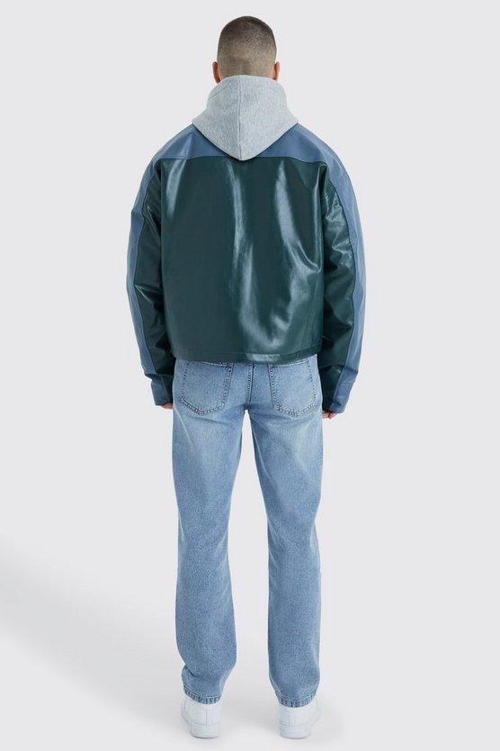 Tall kastige PU-Bomberjacke mit Kontrast-Stickerei