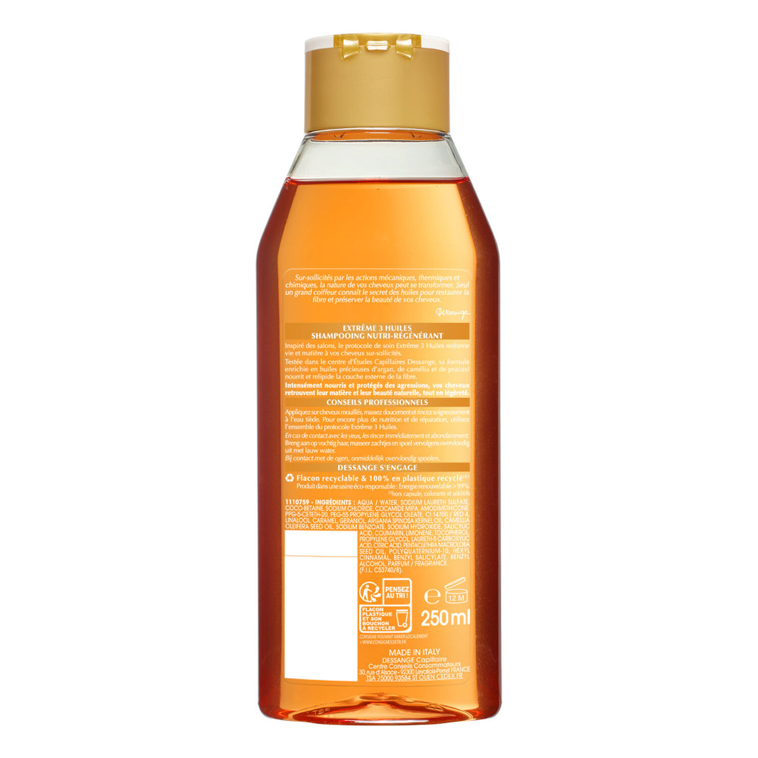 Dessange Extrême 3 Huiles Shampooing Nutri-Régénérant Huile d'Argan, Camélia, Pracaxi