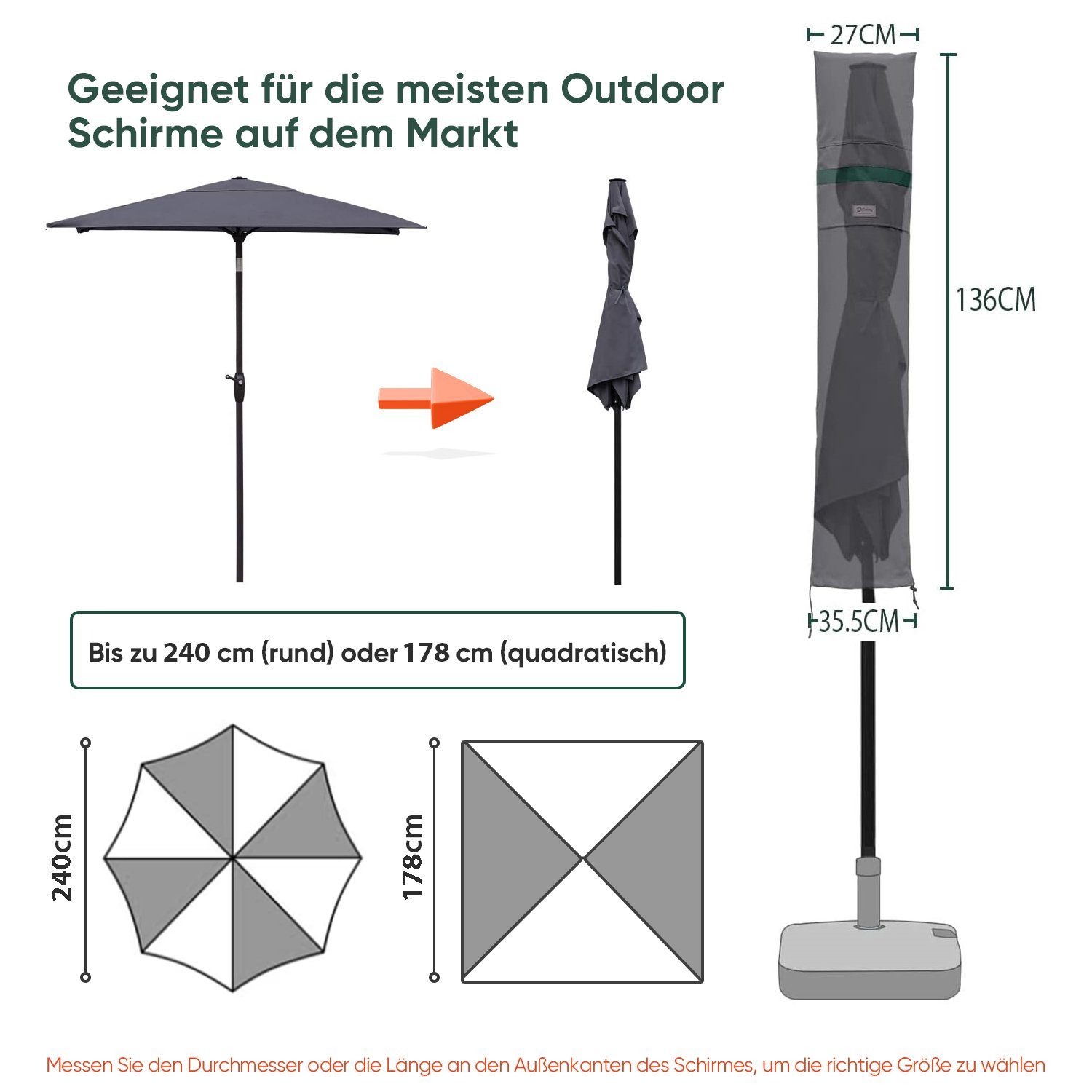 Sekey Sonnenschirm-Schutzhülle Balkonschirm Abdeckhauben mit Stab und Reißverschluss, bis Ø 200 cm, für Sonnenschirme bis zu Ø 240 cm, eckige Sonnenschirme bis zu 178 cm