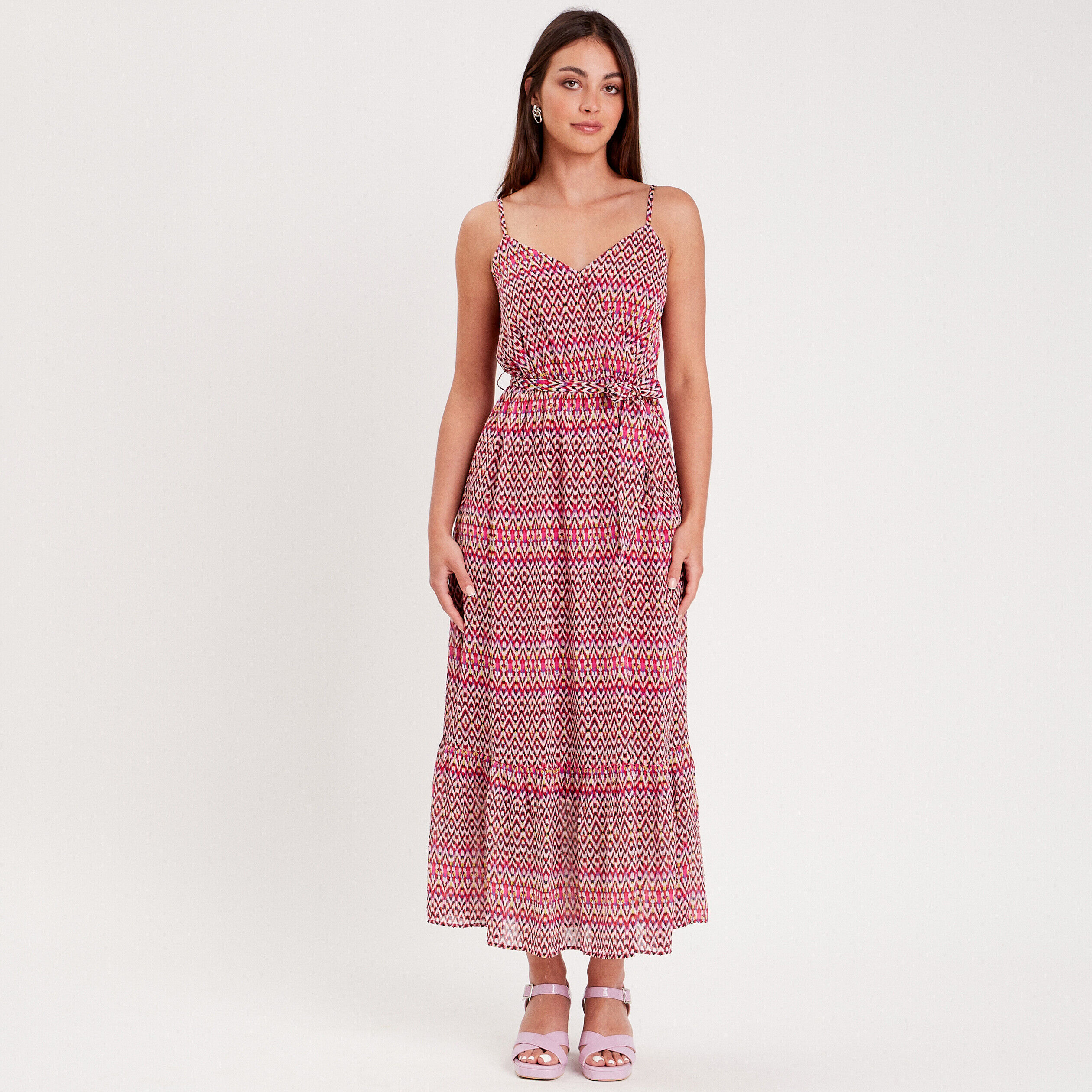 Robe longue évasée rose femme | Cache Cache