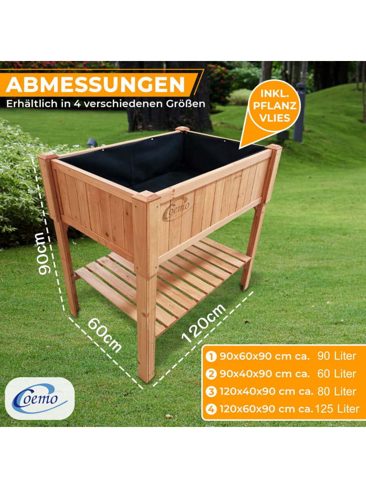 Coemo Hochbeet aus Holz mit Pflanzfolie und Ablage in Natur günstig kaufen