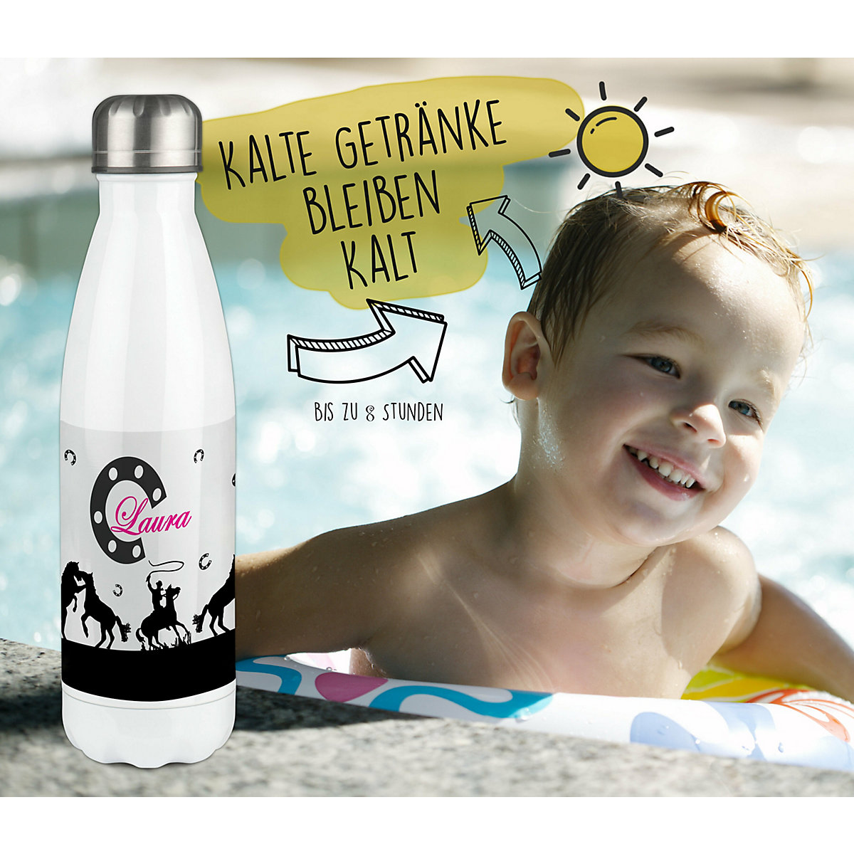 Edelstahl Kinder Thermoflasche / Trinkflasche bunt Pferd-Cowboy schwarz Spülmaschinenfest, Auslaufsicher, Bruchfest, Doppelwandig, Für Heißgetränke geeignet, Mit Deckel, Isoliert