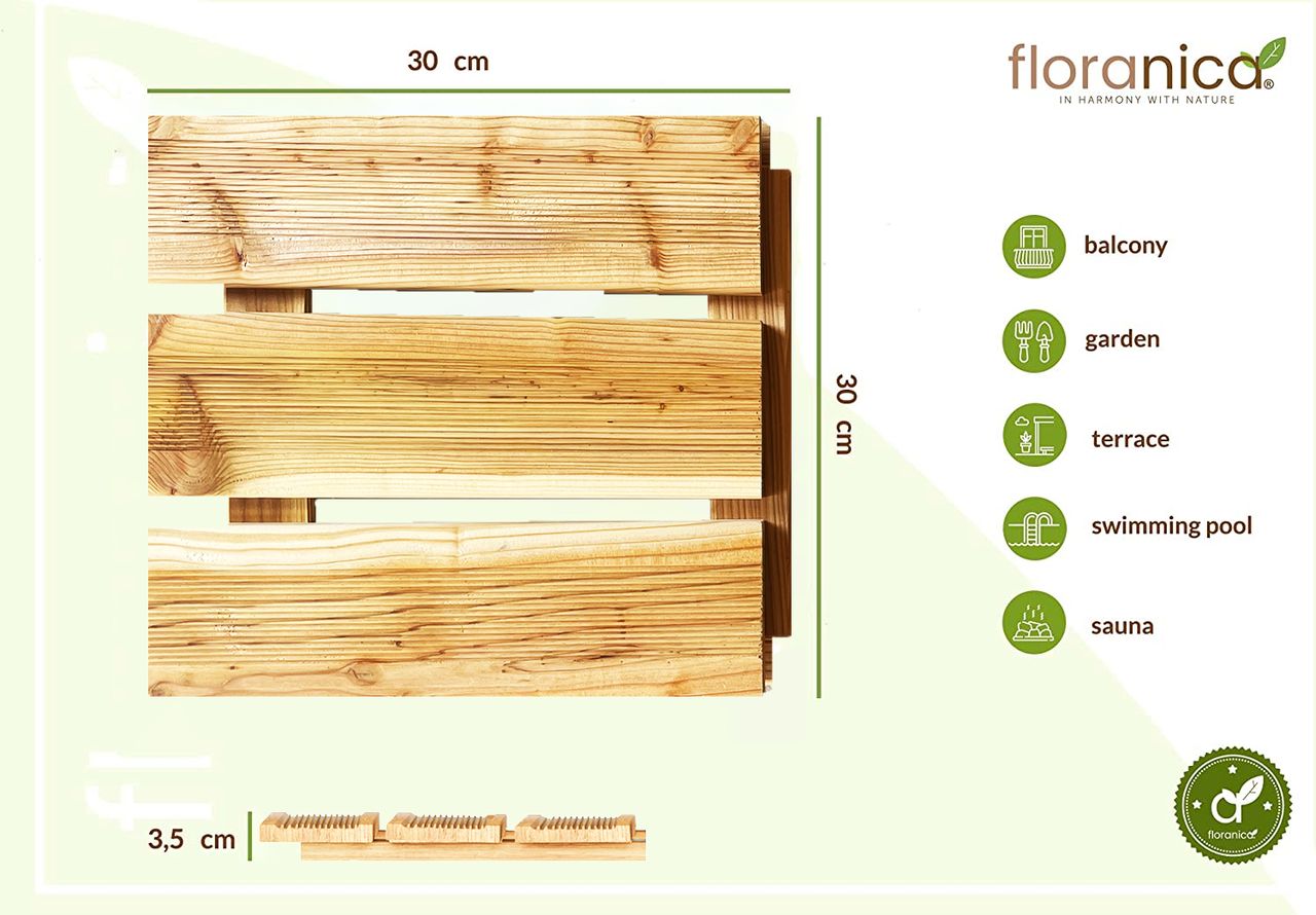 Pemicont Floranica Holzterrassenplatten 1 Stück 30x30 cm Imprägniertes Lärchenholz Natur Boden für die Sauna Terrasse oder dem Balkon Holzfliese im Garten Gefräste Oberfläche Balkonfliesen
