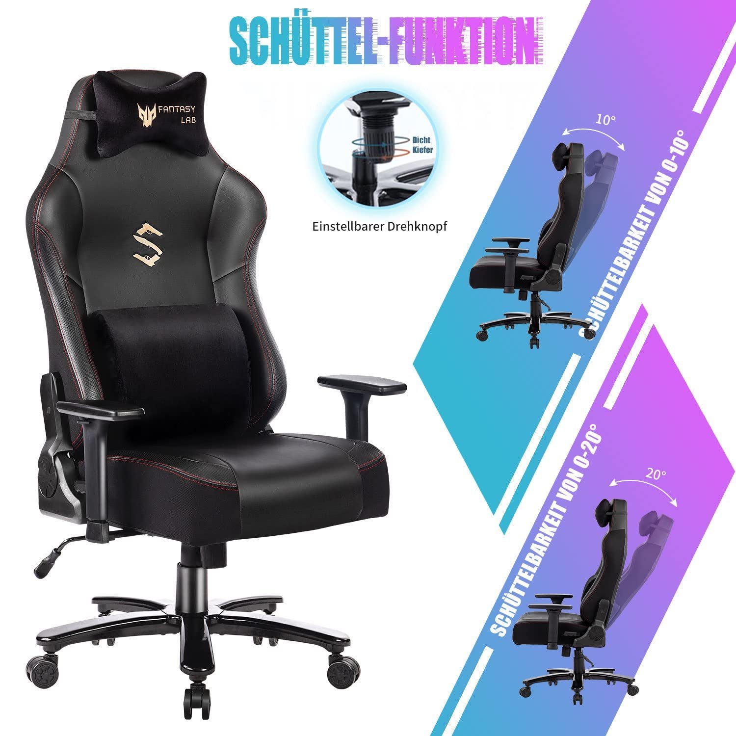 suptek Gaming-Stuhl Ergonomischer XL Gaming Stuhl mit Massagefunktion (180KG Belastbar, Verstellbare 3D-Armlehnen, Große Sitzfläche), Ergonomischer Gaming Sessel, 180 kg Belastbarkeit