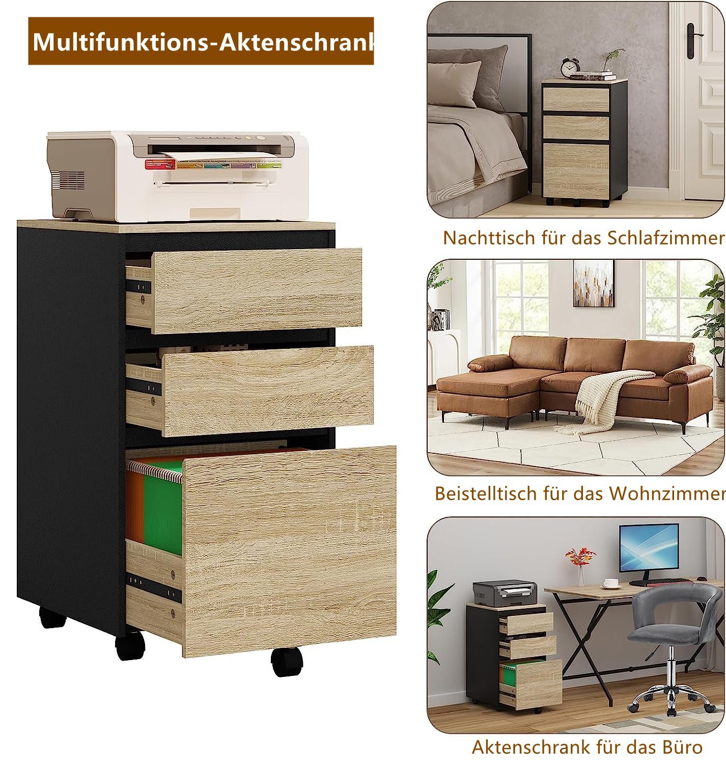Woltu Aktenschrank (1-St) mobiler Schrank, Rollcontainer mit 3 Schubladen