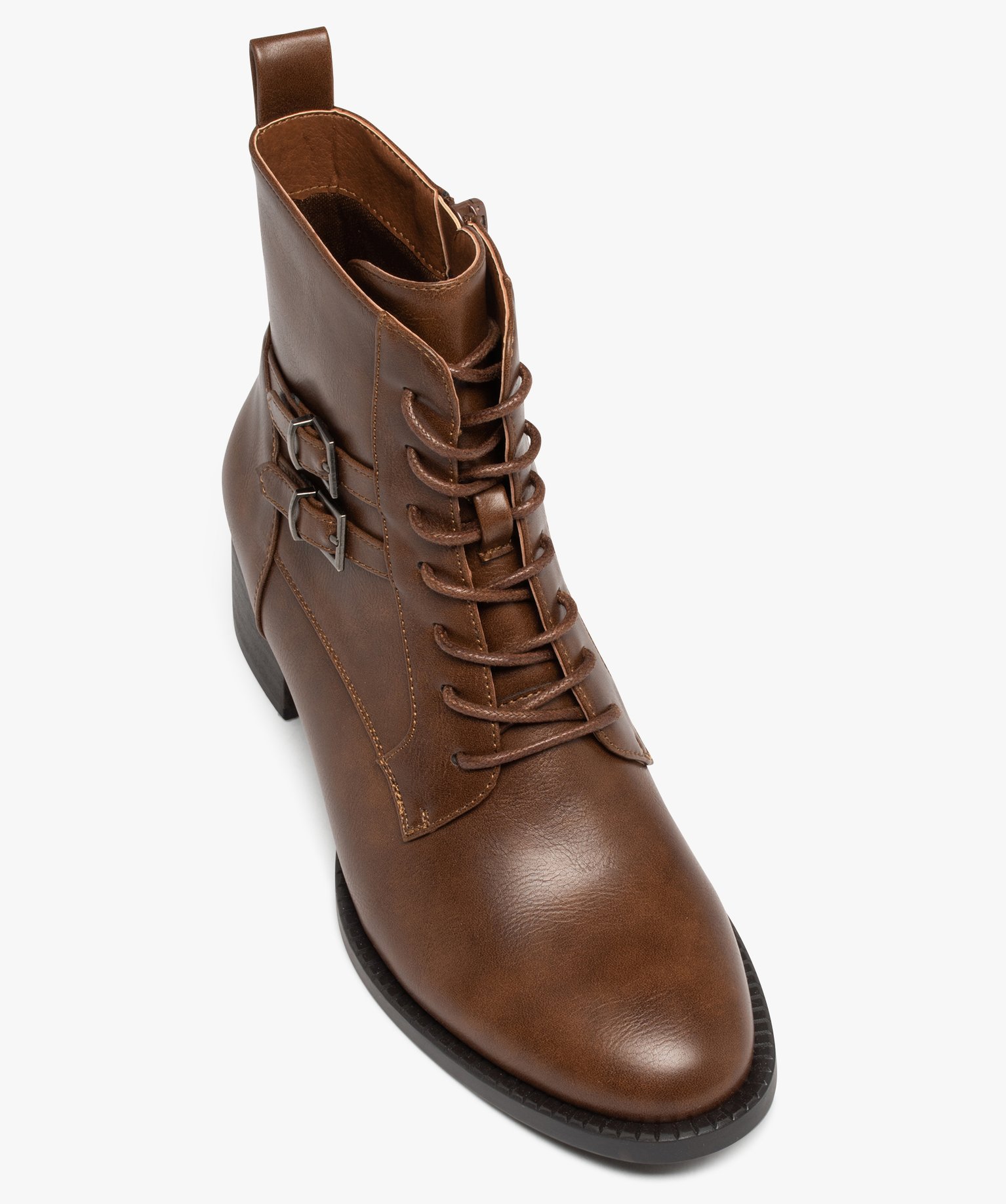 Boots lacées à bout amande et brides décoratives camel | GEMO