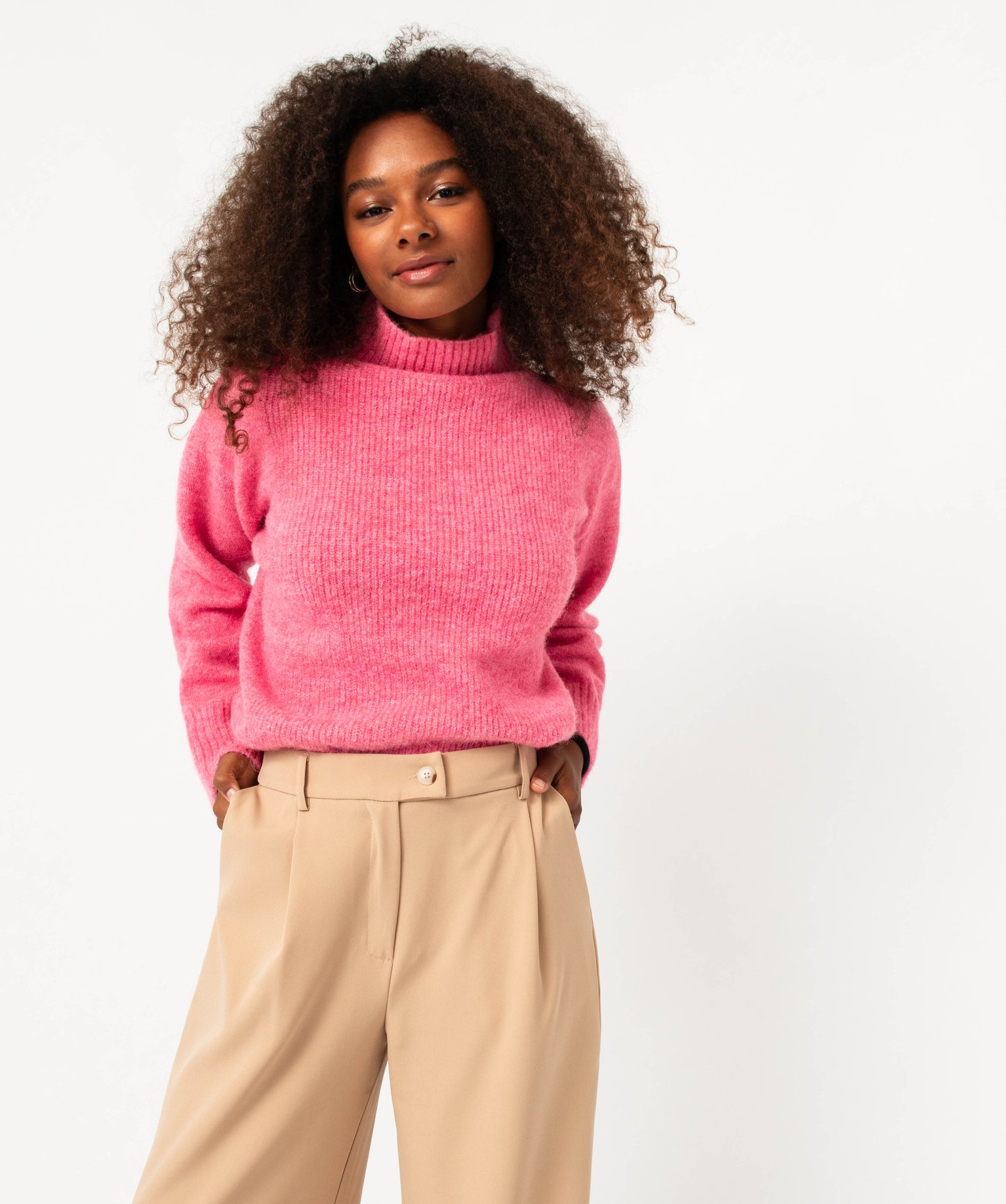 Pull col montant en grosse maille femme - Gémo x Melissaallbb rose | GEMO