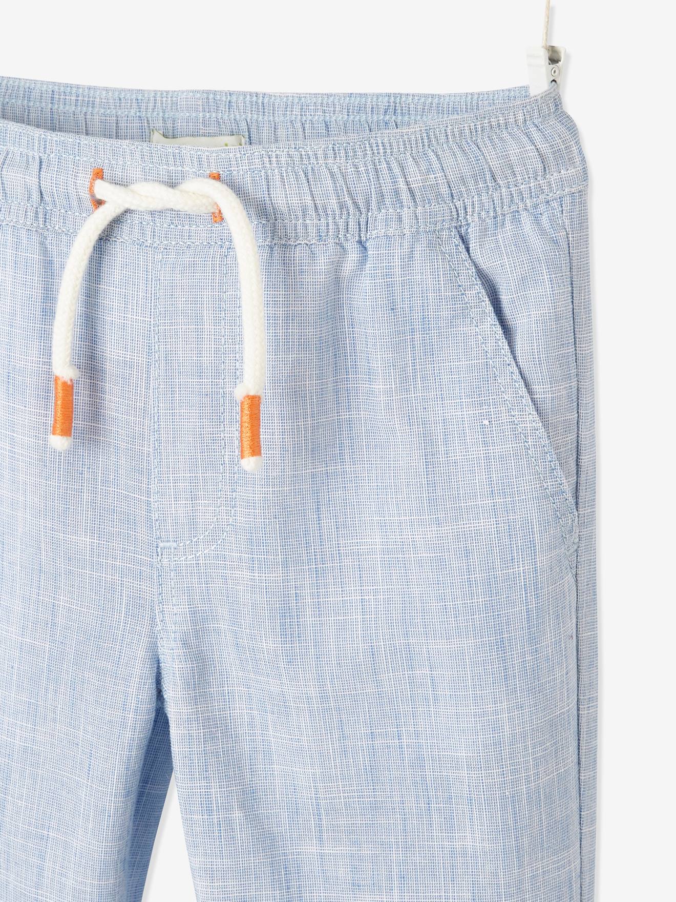 Pantalon léger retroussable en pantacourt garçon aspect lin tissé bleu clair