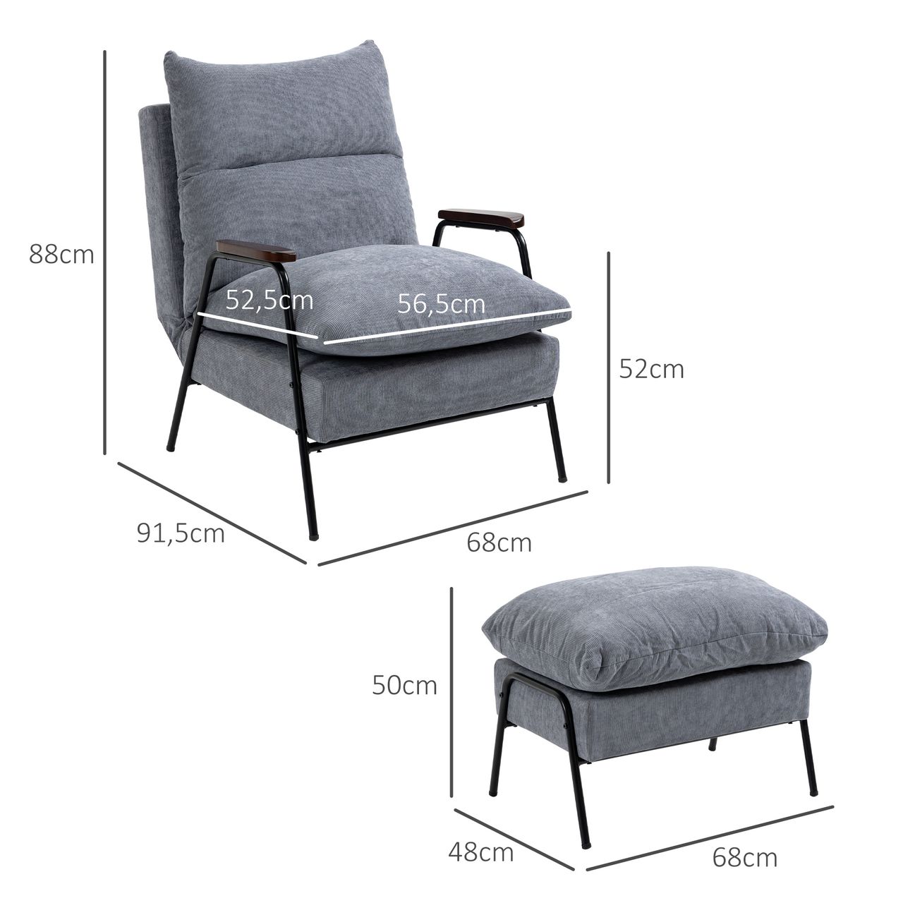 HOMCOM Relaxsessel mit Hocker,  Verstellbar Fernsehsessel mit Liegefunktion Grau