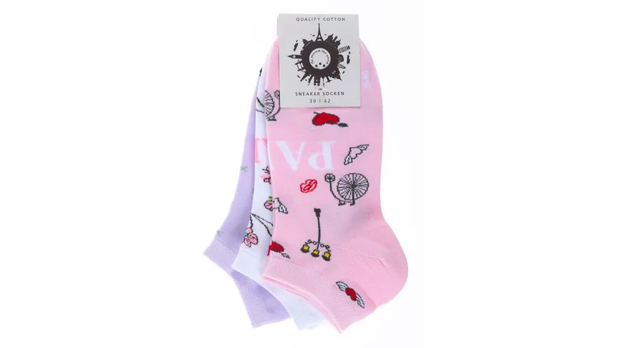 Damen Sneaker Socken Paris 3er Pack rosa, weiß, grau