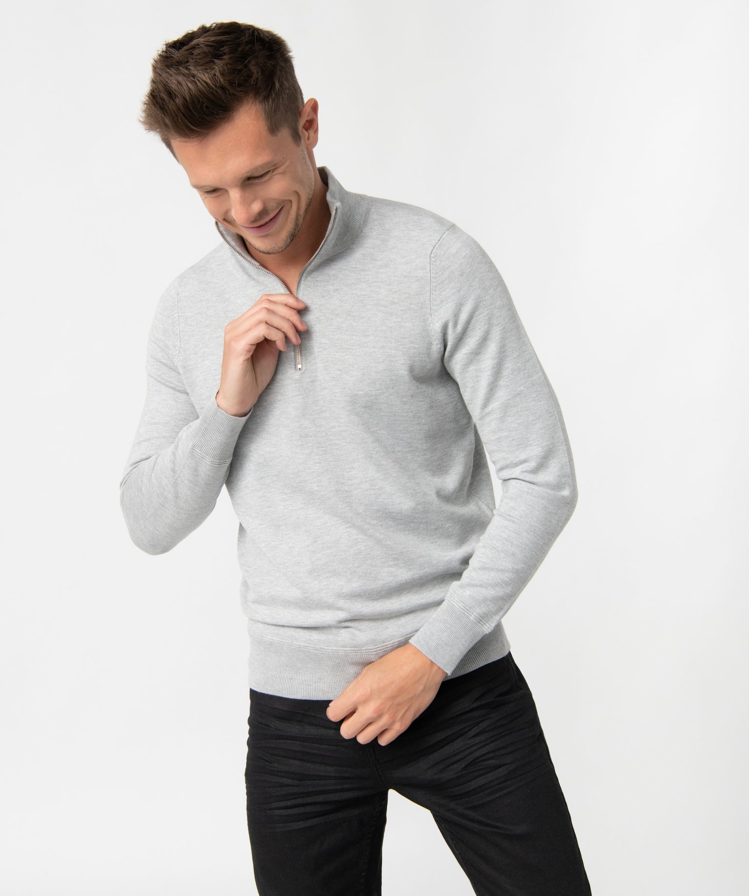 Pull homme en maille fine avec col camionneur gris clair | GEMO