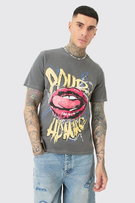 Tall T-Shirt mit Pour Homme Print und Acid-Waschung