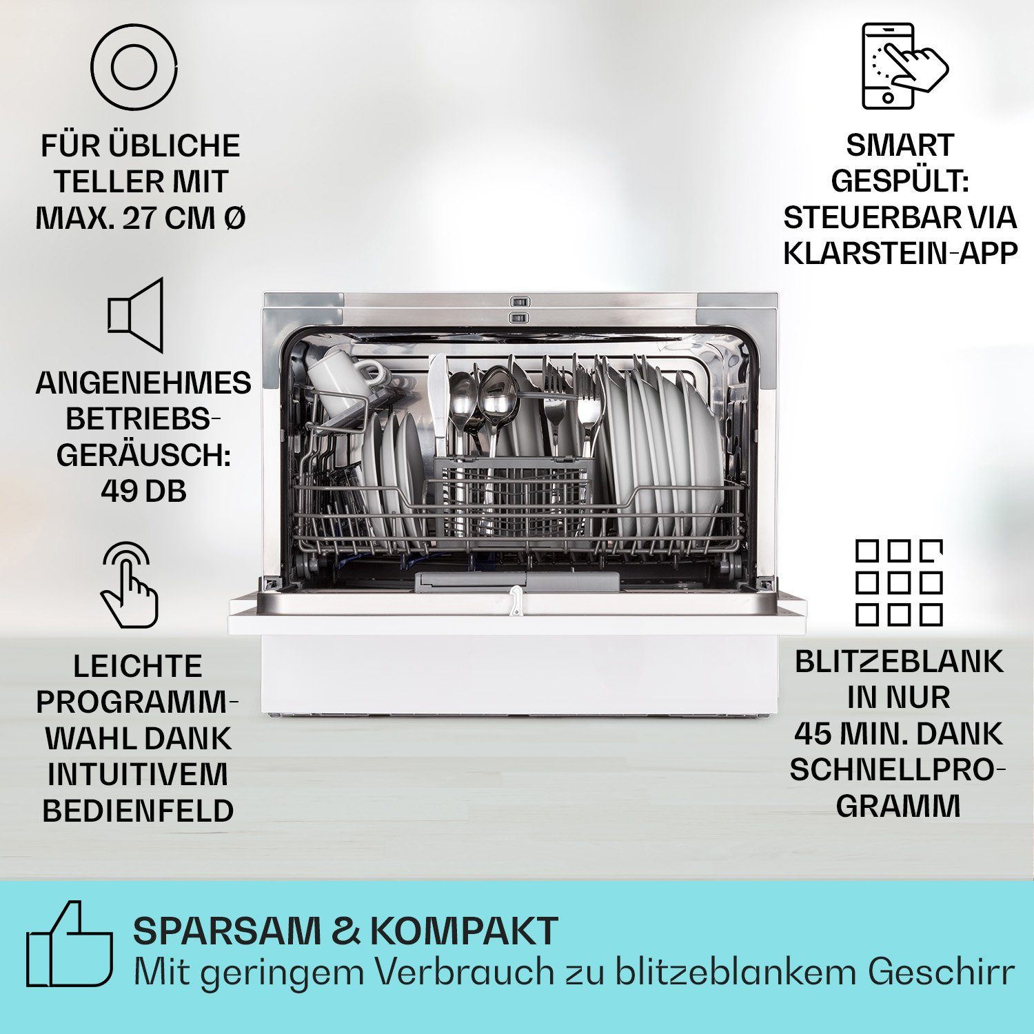 Klarstein Standgeschirrspüler Amazonia 6 Smart Geschirrspüler App-Steuerung freistehend 1380W, 10041885, 6.5 l, Spühlmaschine 55 cm freistehend oder einbaufähig weiss