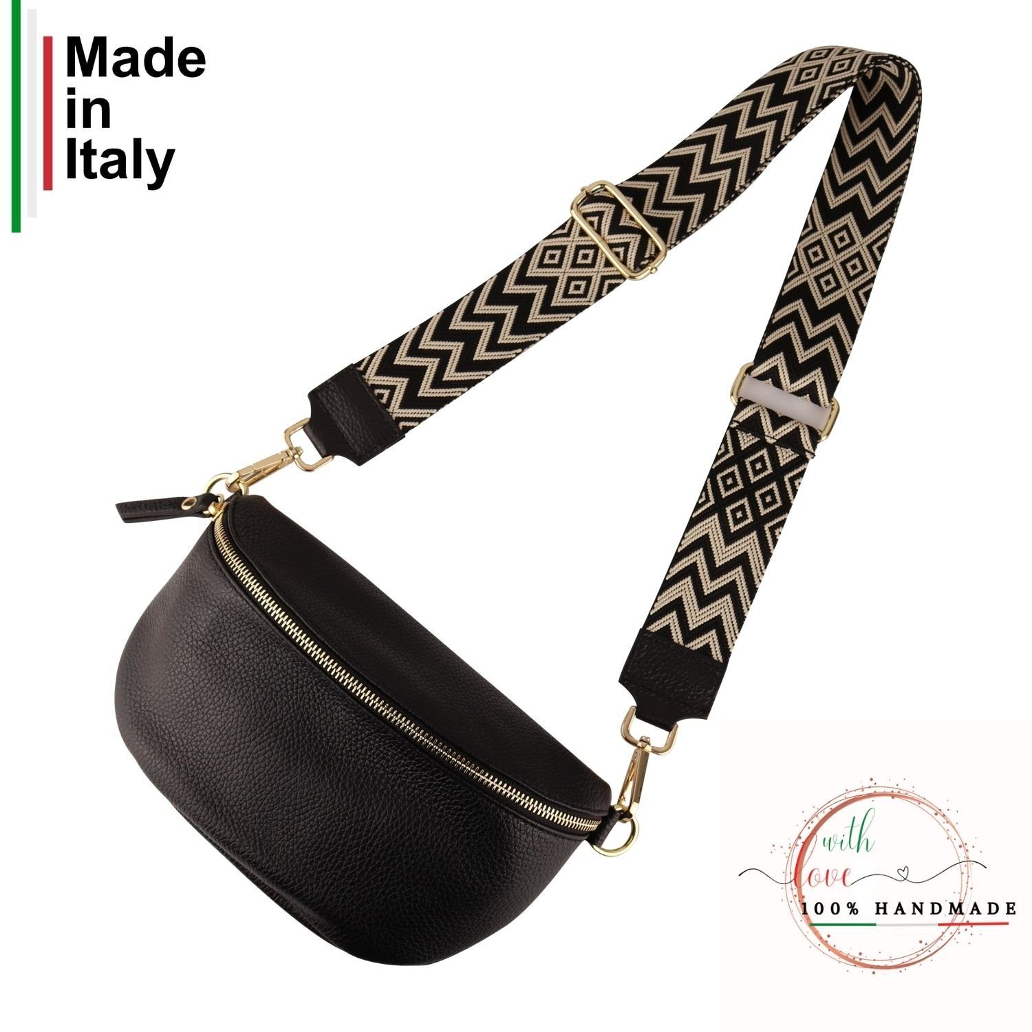 MIRROSI Bauchtasche Damen, Echtleder, Leder, Made in Italy, Umhängetasche, Brusttasche, (Schultertasche für jeden Anlass (1 Tasche & 2 Gurte), 3 Größen auswählbar; Goldene Karabiner), Crossbody Bag, Schwarz, gemusterten& verstellbaren Schulterriemen