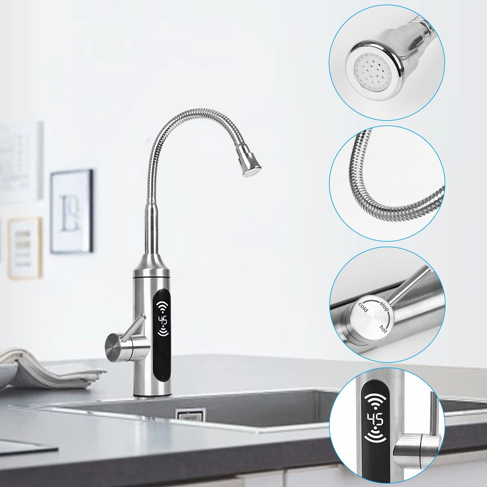 TWSOUL Klein-Durchlauferhitzer Elektrischer Universal-Rohrhahn mit dynamischer Digitalanzeige, 3000W, 30,00 °C, max 55,00 °C, Ausgestattet mit einem dynamischen digitalen Bildschirm
