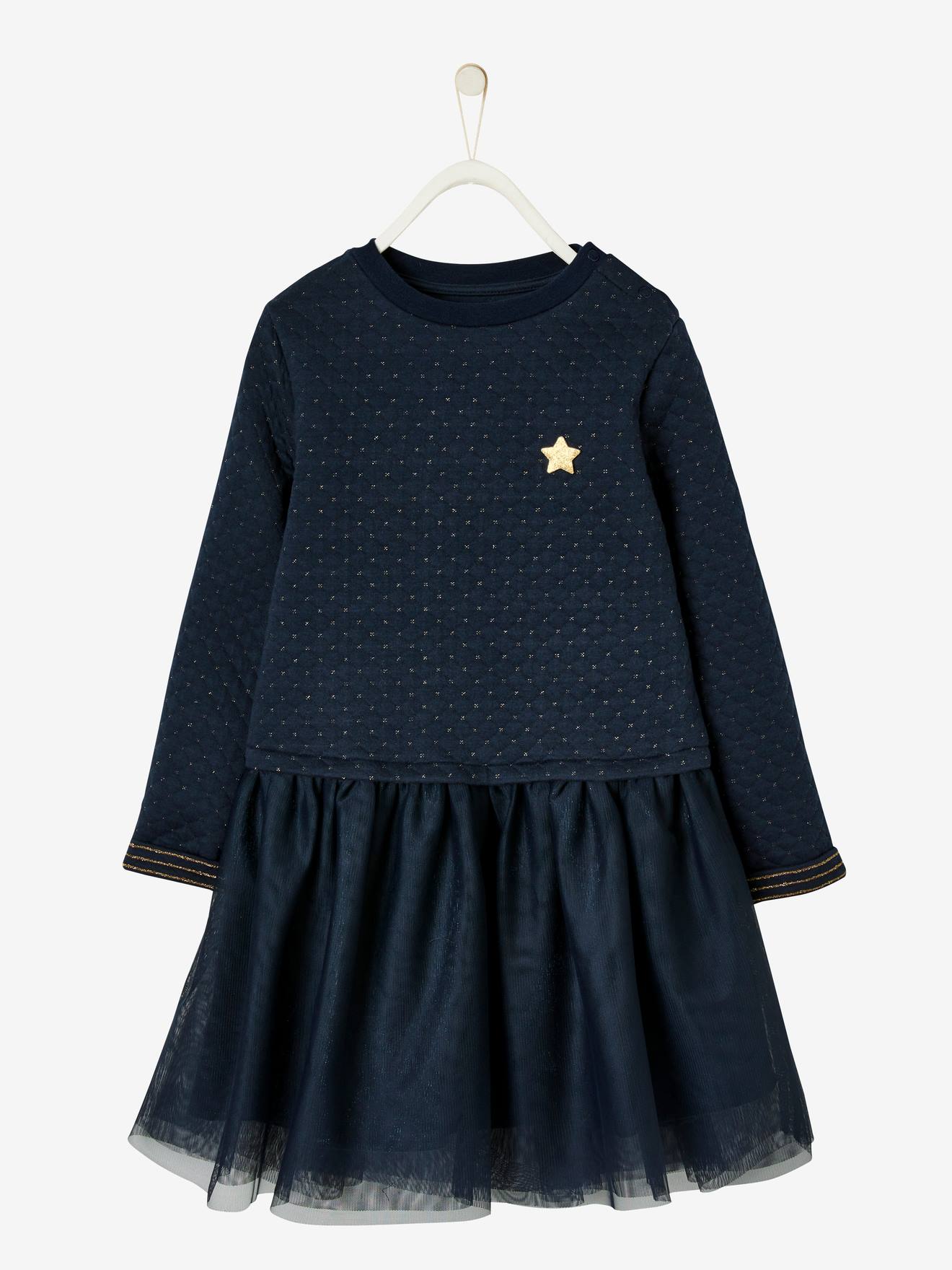 Robe de Noël fille bi-matière rouge brique