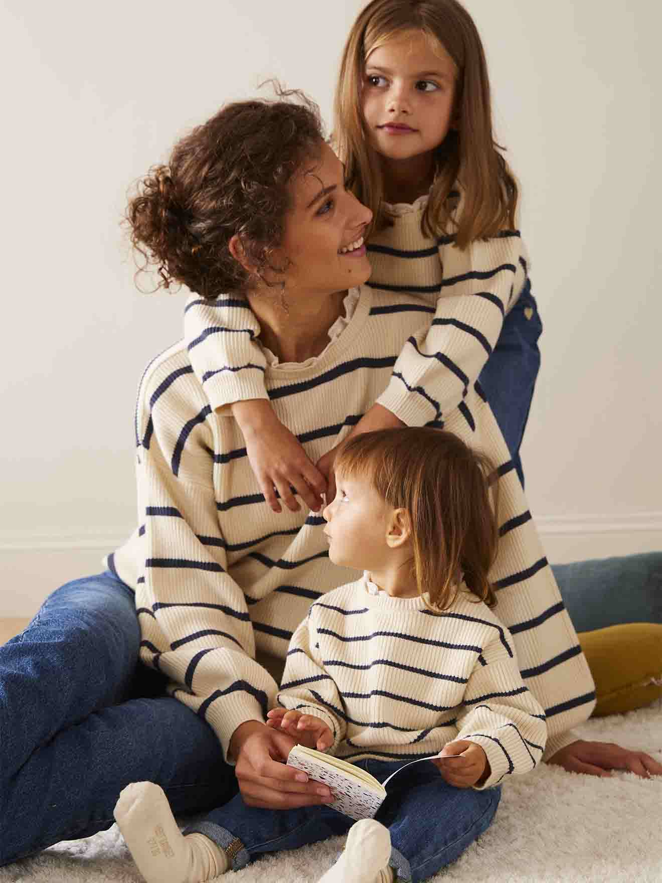 Vertbaudet Umstandspullover mit Volantkragen, Capsule Collection MAMA, TOCHTER & BABY - wollweiß/marine gestreift