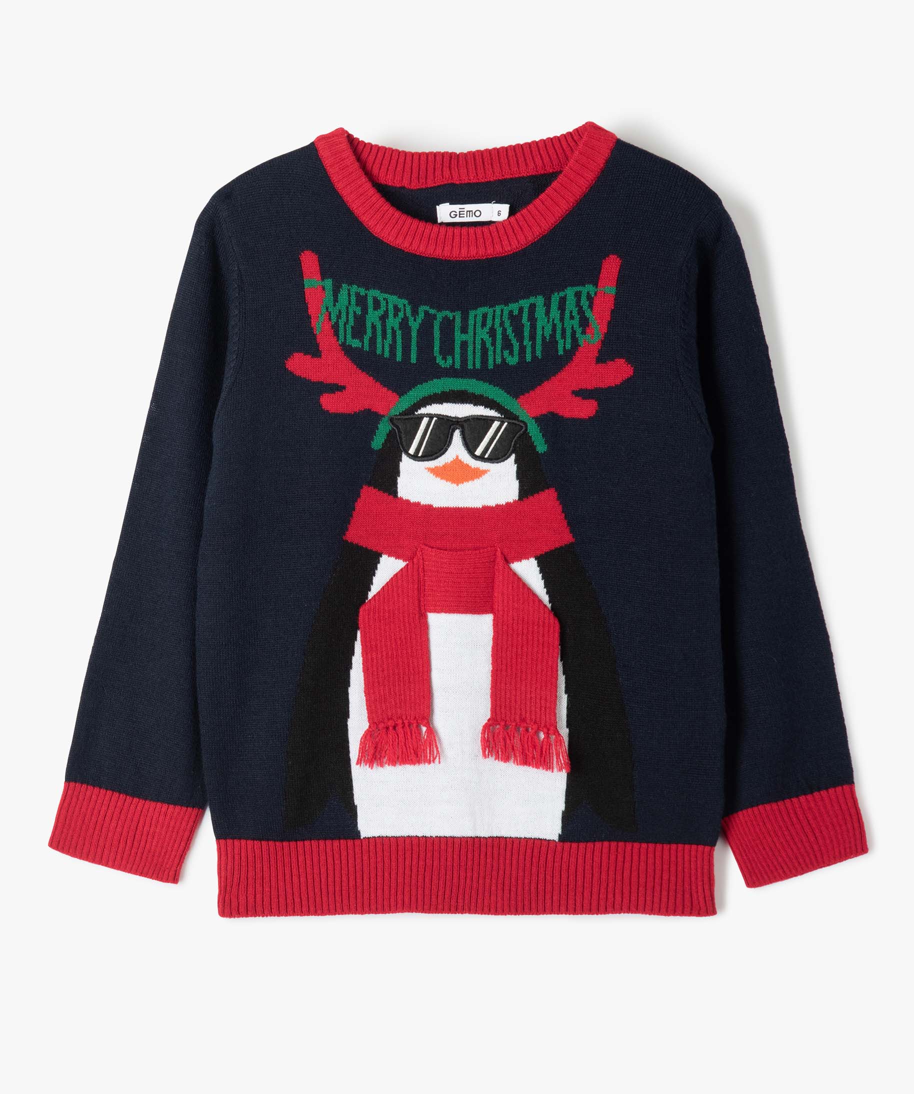 Pull Garçon spécial Nol motif pingouin marine | GEMO