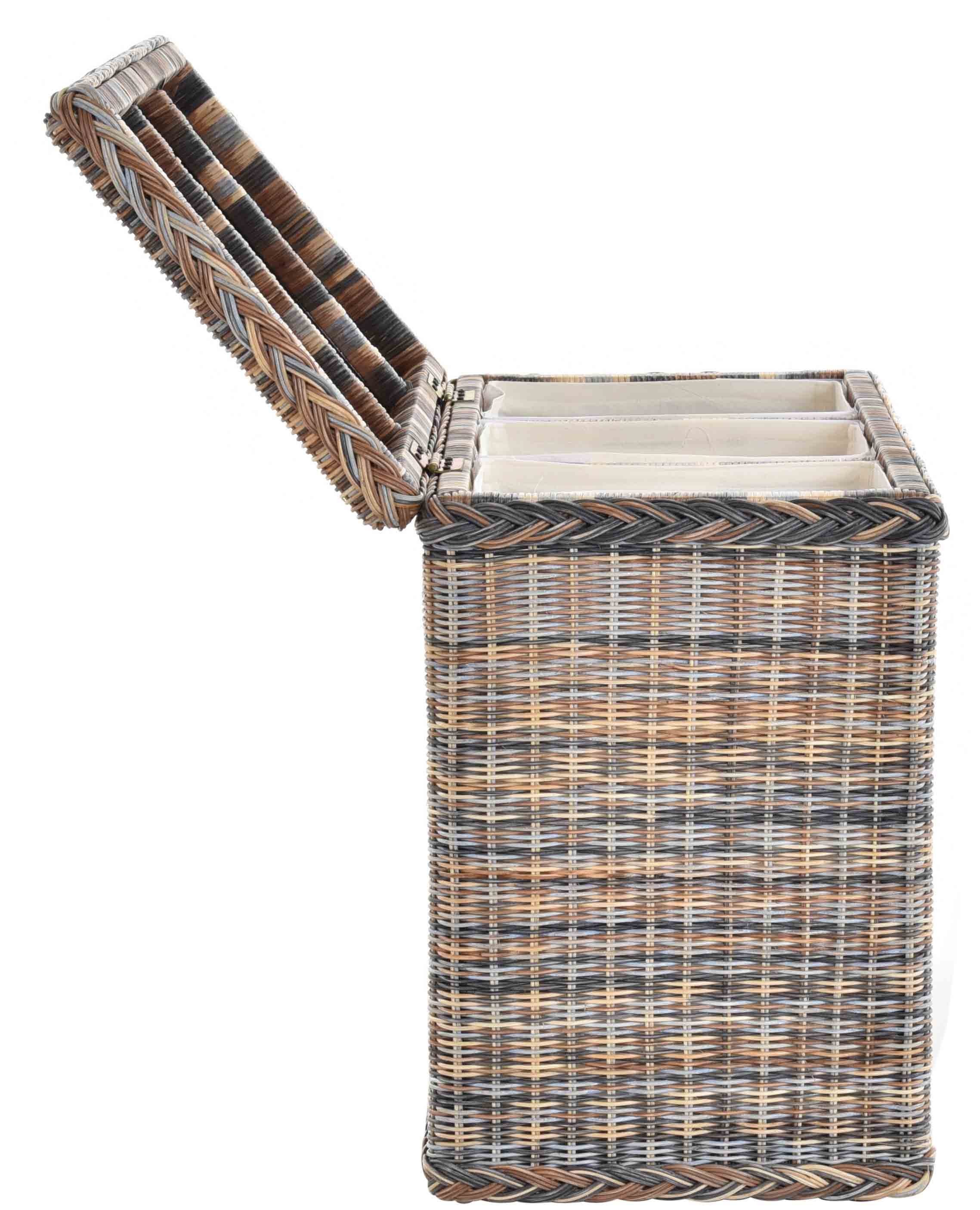Krines Home Wäschesortierer Rattan Wäschekorb 3 Fächer Wäschesammler Wäschesortierer Unterteilung, mit Deckel und drei Unterteilungen