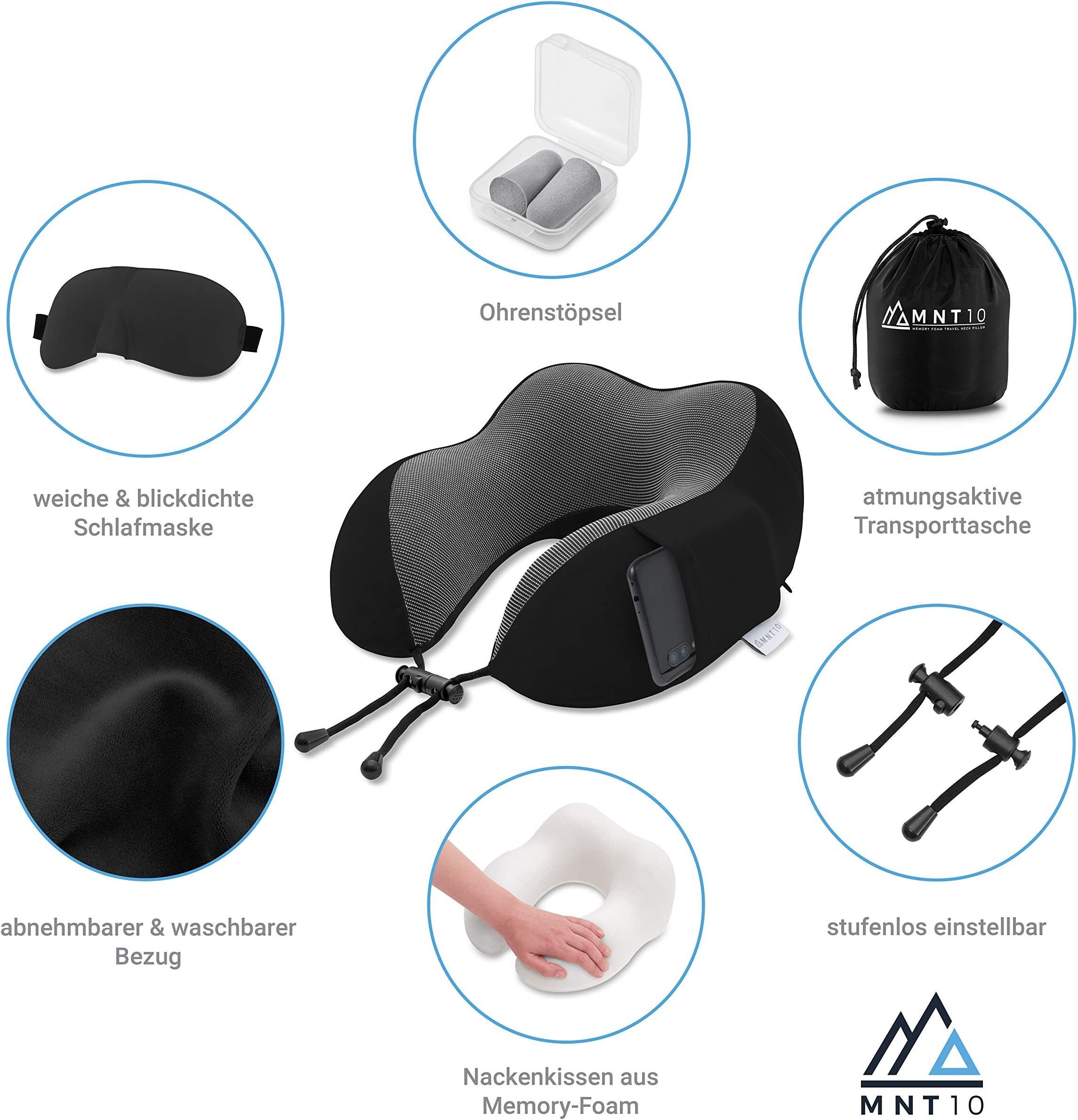 Nackenstützkissen Reise Nackenkissen Memory Foam + GRATIS Zubehör, Komprimierbar, MNT10, Nackenhörnchen Memoryschaum + GRATIS Schlafmaske