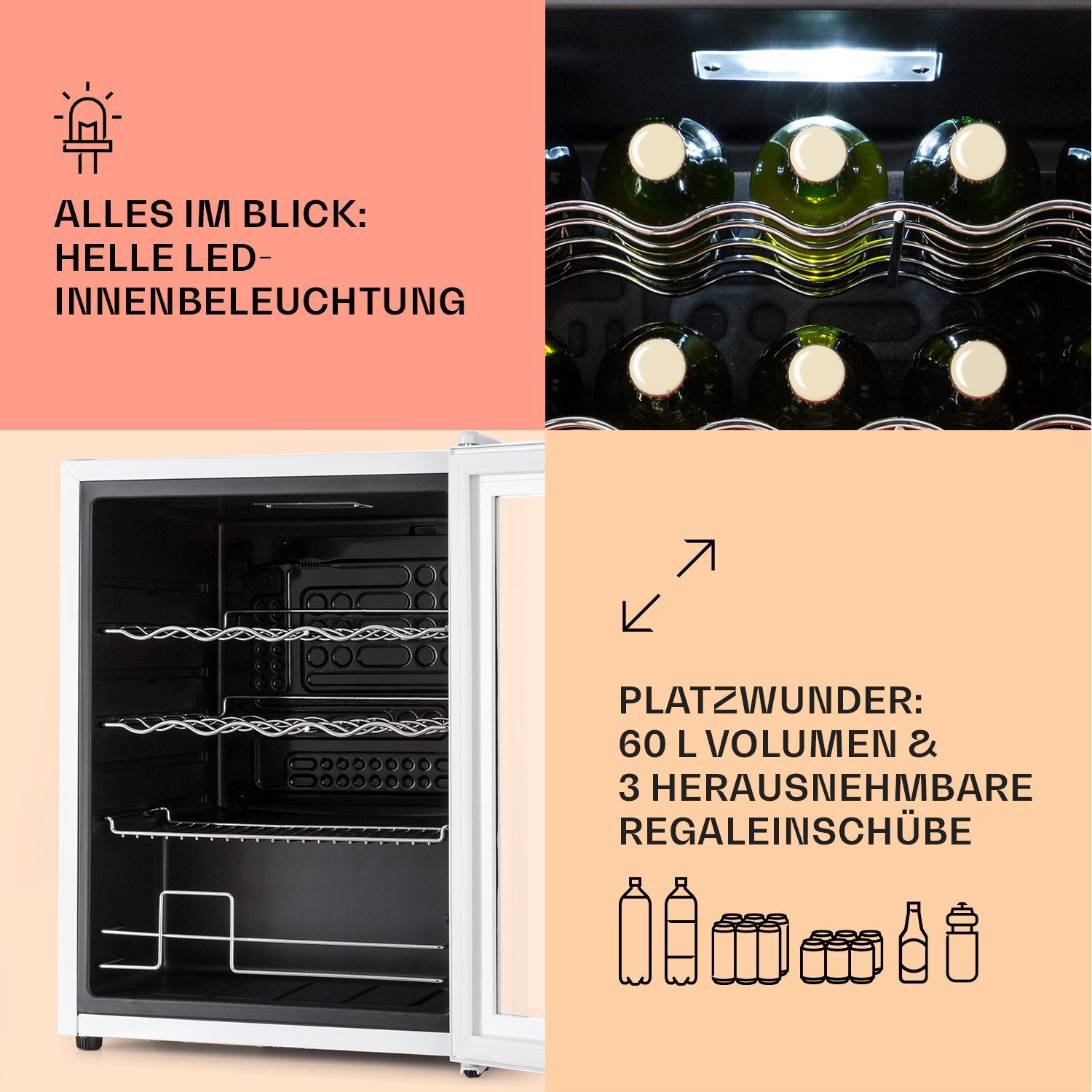Klarstein Getränkekühlschrank HEA-Coachella 60-wh 10045042, 47 cm hoch, 63.6 cm breit, Bierkühlschrank Getränkekühlschrank Flaschenkühlschrank mit Glastür