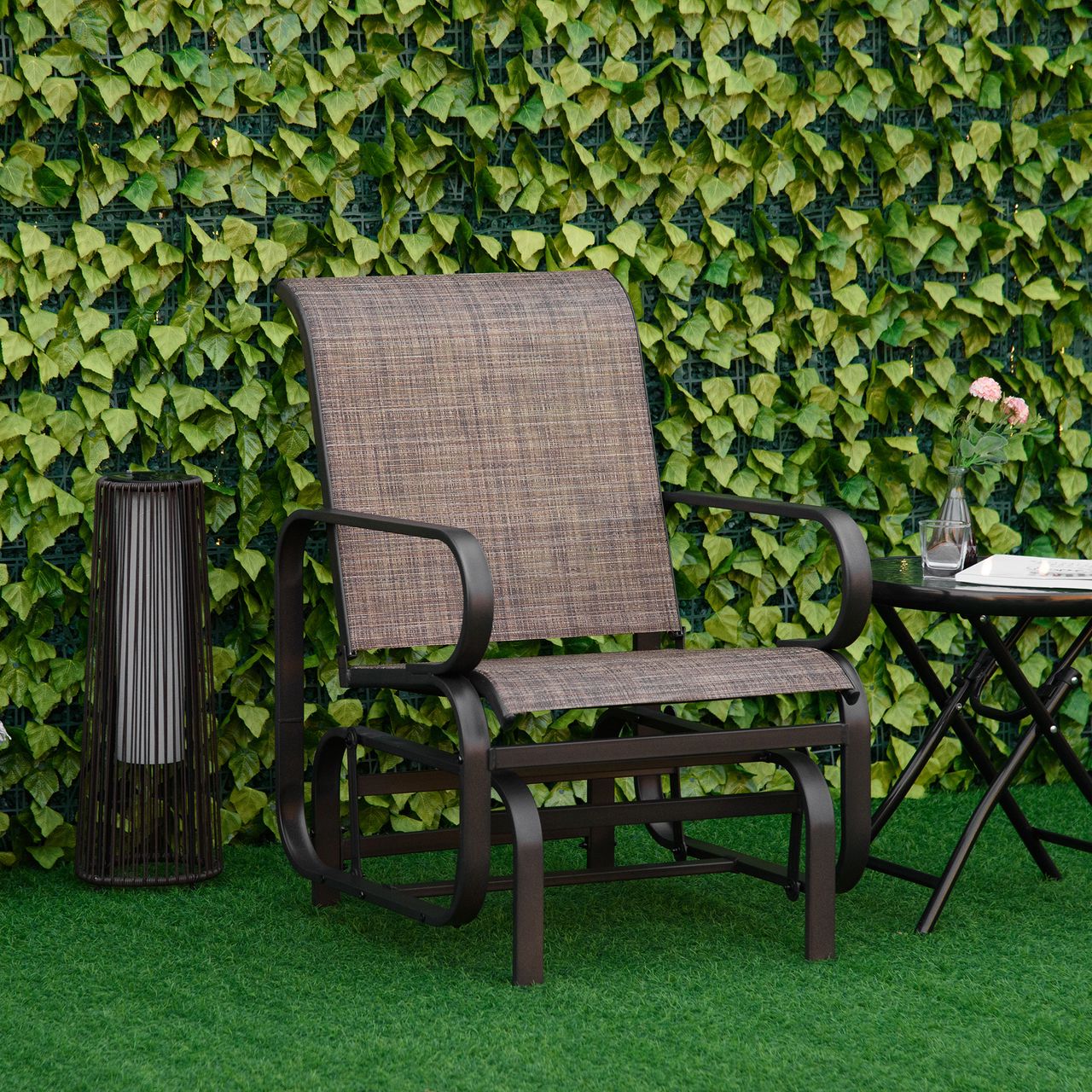 Outsunny Schaukelstuhl Stuhl outdoor Stahl Texteline Braun 62 x 75 x 91,5 cm