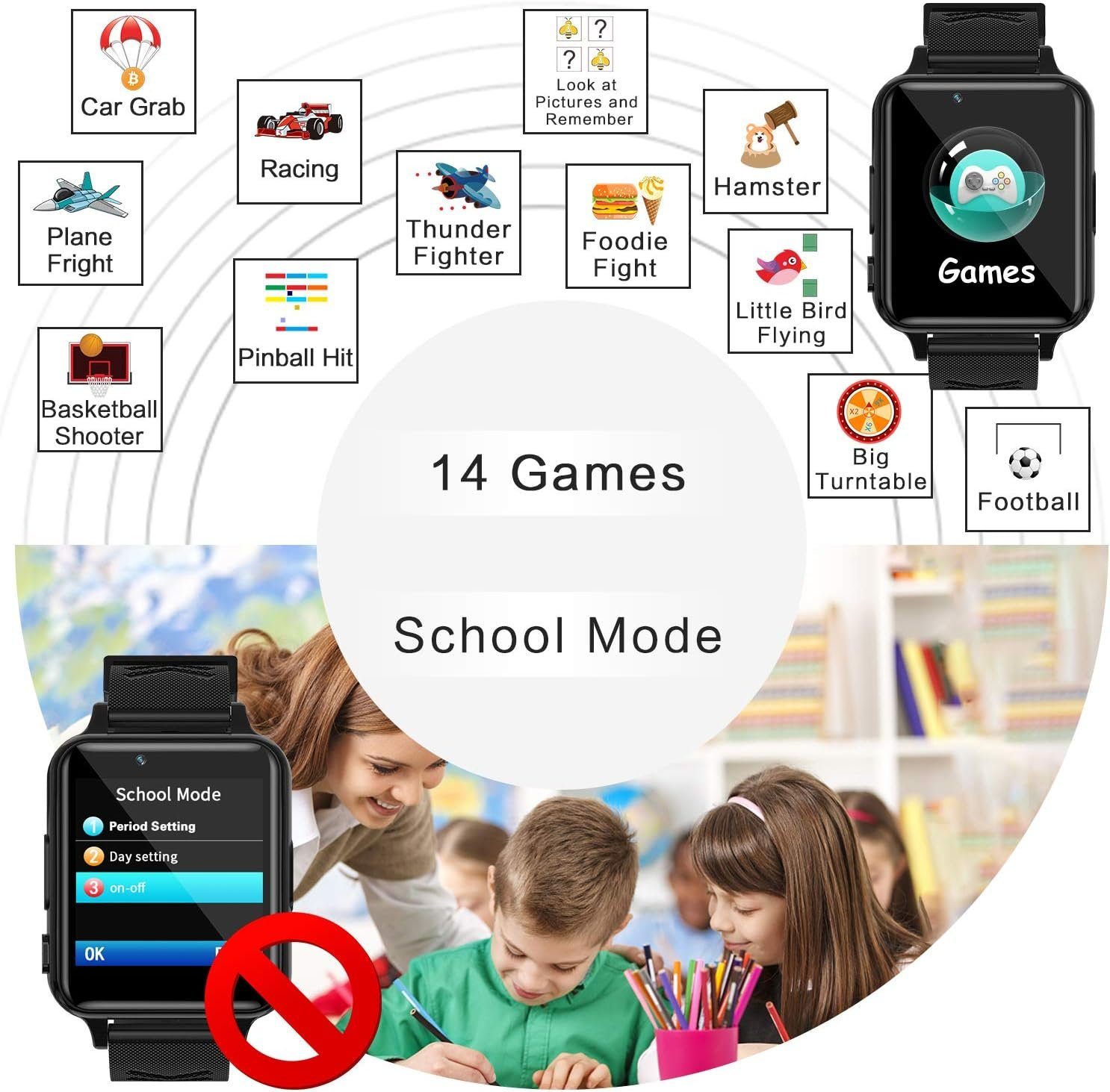 Igreeman Smartwatch (1,54 Zoll), für Kinder Telefon mit Anruffunktion SOS Musik Player Spiel Kamera Uhr