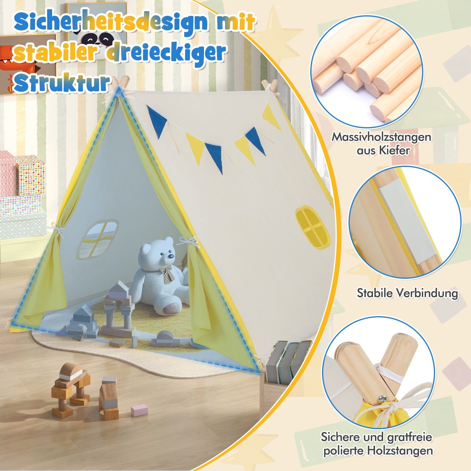 COSTWAY Tipi-Zelt Kinder Spielzelt, Personen: 2, 137 x 145 x 121 cm