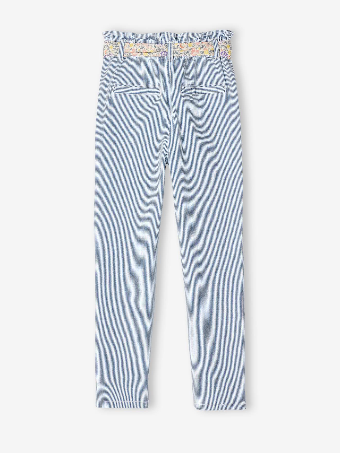 Pantalon paperbag rayé fille et sa ceinture imprimée fleurs rayé bleu