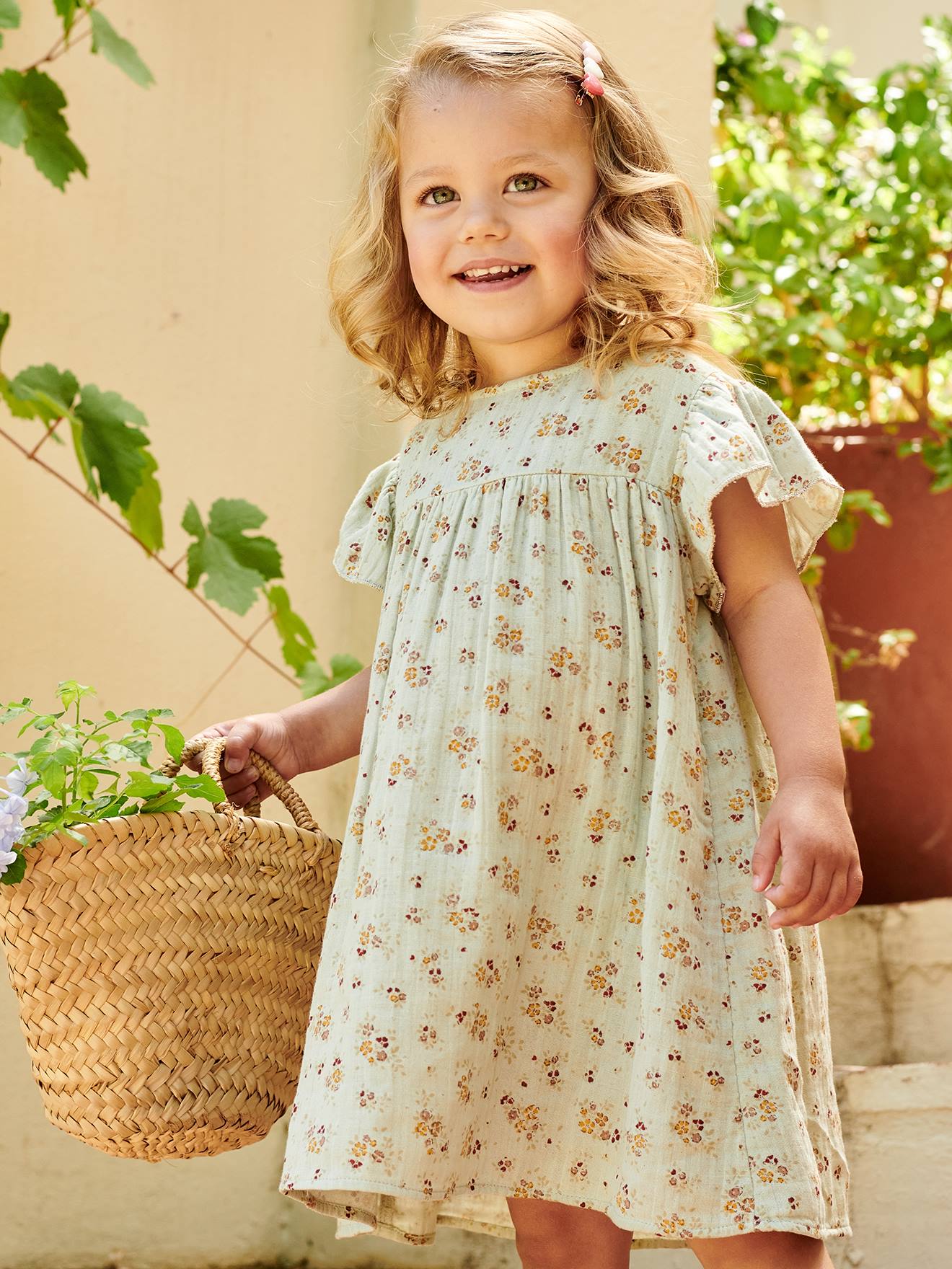 Robe fille en gaze de coton imprimée manches papillon tomette
