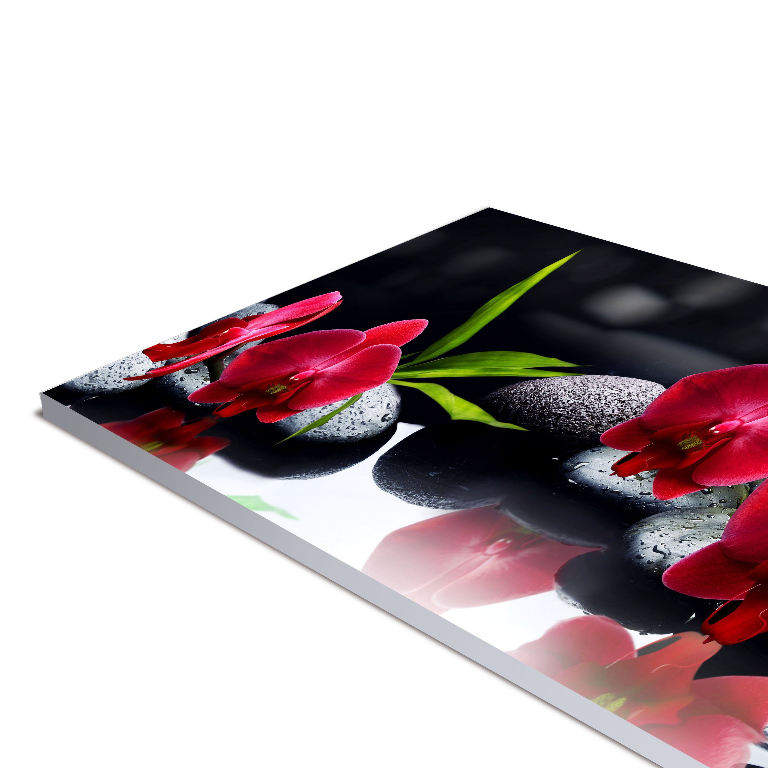 wandmotiv24 Küchenrückwand Orchidee rot Steine schwarz tropfen Spie, (1-tlg), Premium Hartschaum Nischenrückwand in versch. Größen
