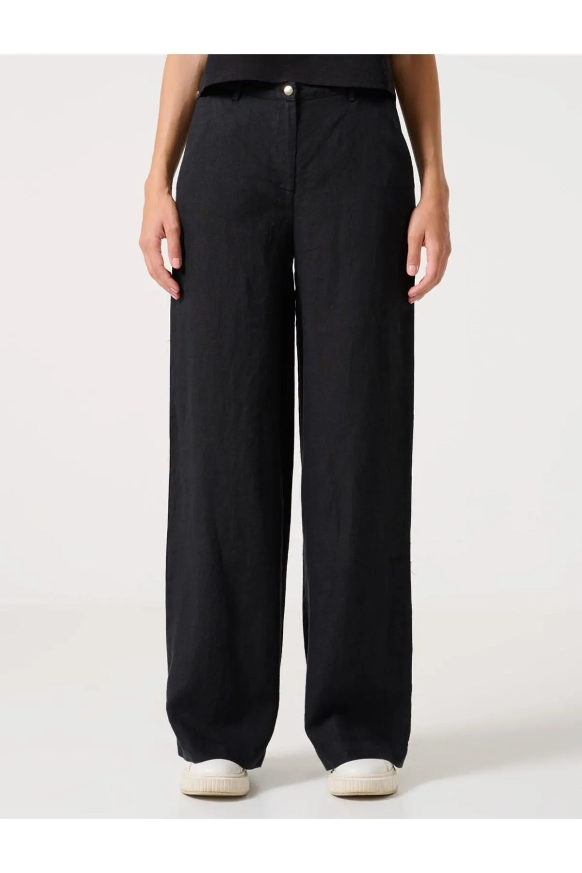 Jimmy Key  Schwarze, locker geschnittene Leinenhose mit hoher Taille und Taschen