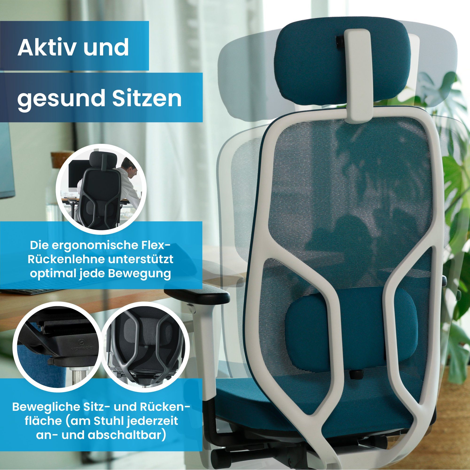 Ergotopia Bürostuhl MasterBack ergonomischer Schreibtischstuhl mit Kopfstütze (bereits montiert), 3D Neigungsmechanik, Synchronmechanik, 3D Armlehnen